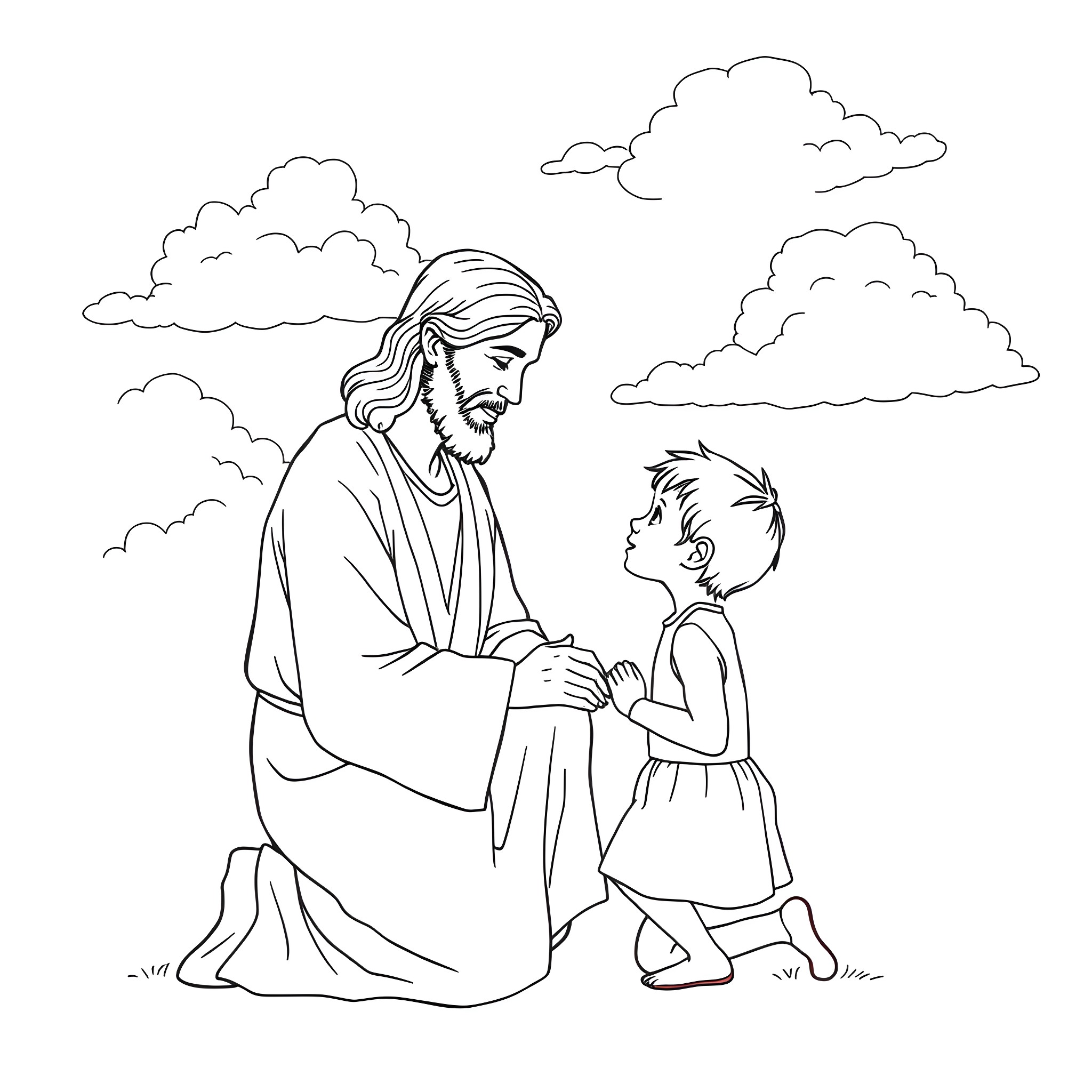 Jesus Embracing a Young Child Coloring Page (free black-and-white line drawing printable PDF for all, from beginners to advanced learners, including children, teens, adults, and seniors)