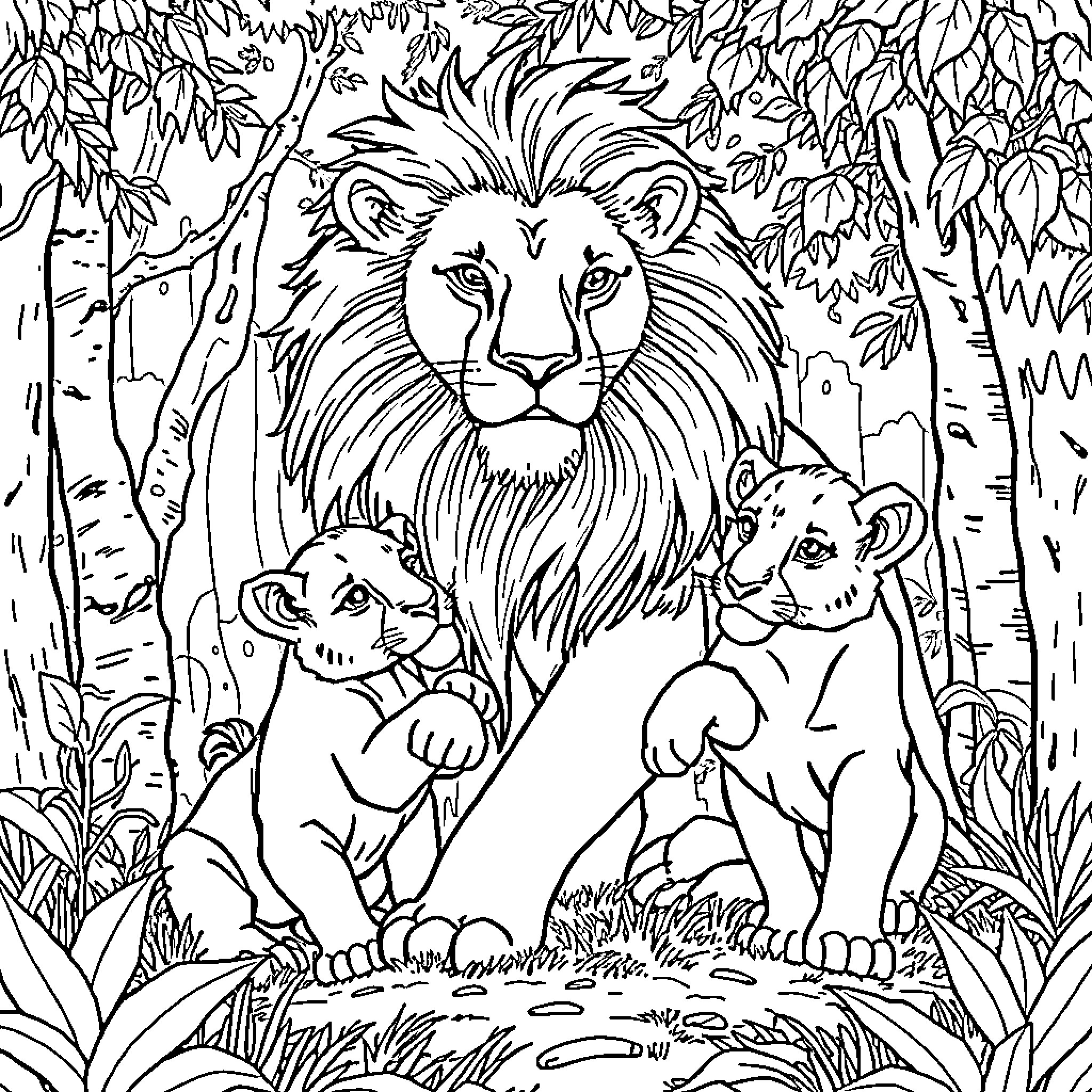 Lion with young cubs in the lush jungle Coloring Page (free black-and-white line drawing printable PDF for all, from beginners to advanced learners, including children, teens, adults, and seniors)