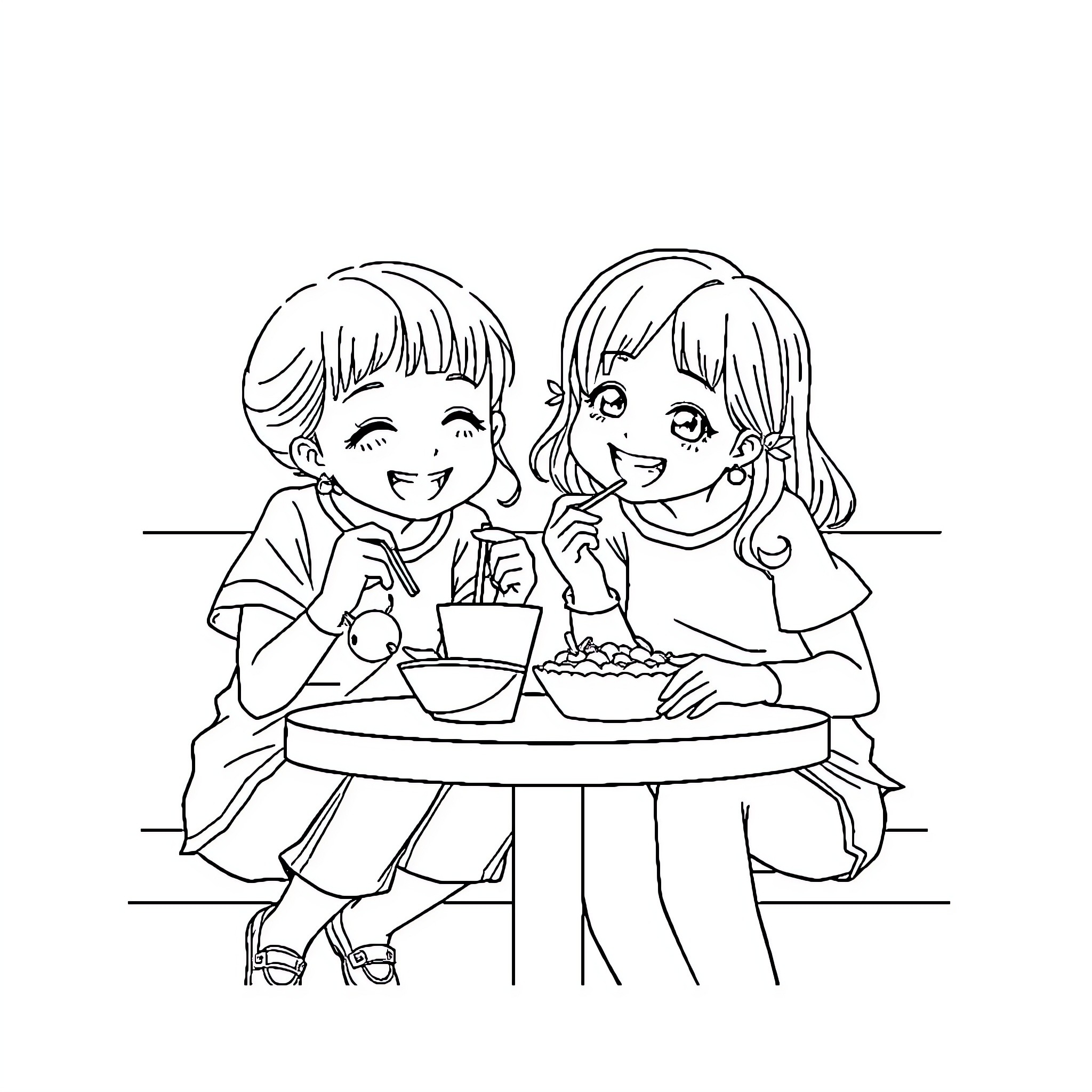 Girl Enjoying Snacks with Friend Coloring Page (free black-and-white line drawing printable PDF for all, from beginners to advanced learners, including children, teens, adults, and seniors)