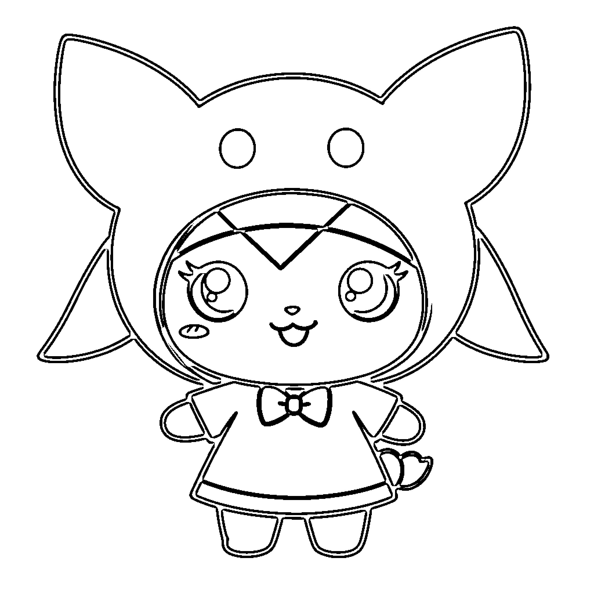 Kuromi smiling cutely in her outfit Coloring Page (free black-and-white line drawing printable PDF for all, from beginners to advanced learners, including children, teens, adults, and seniors)