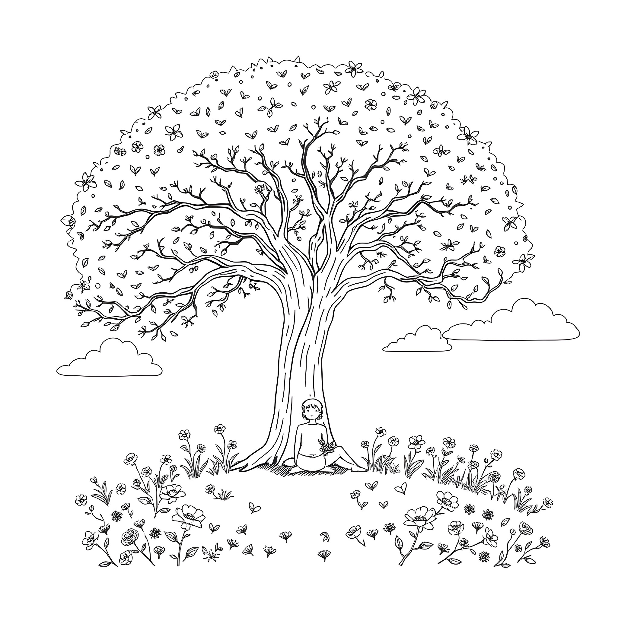 Mental Health Tree with Peaceful Meditation Coloring Page (free black-and-white line drawing printable PDF for all, from beginners to advanced learners, including children, teens, adults, and seniors)