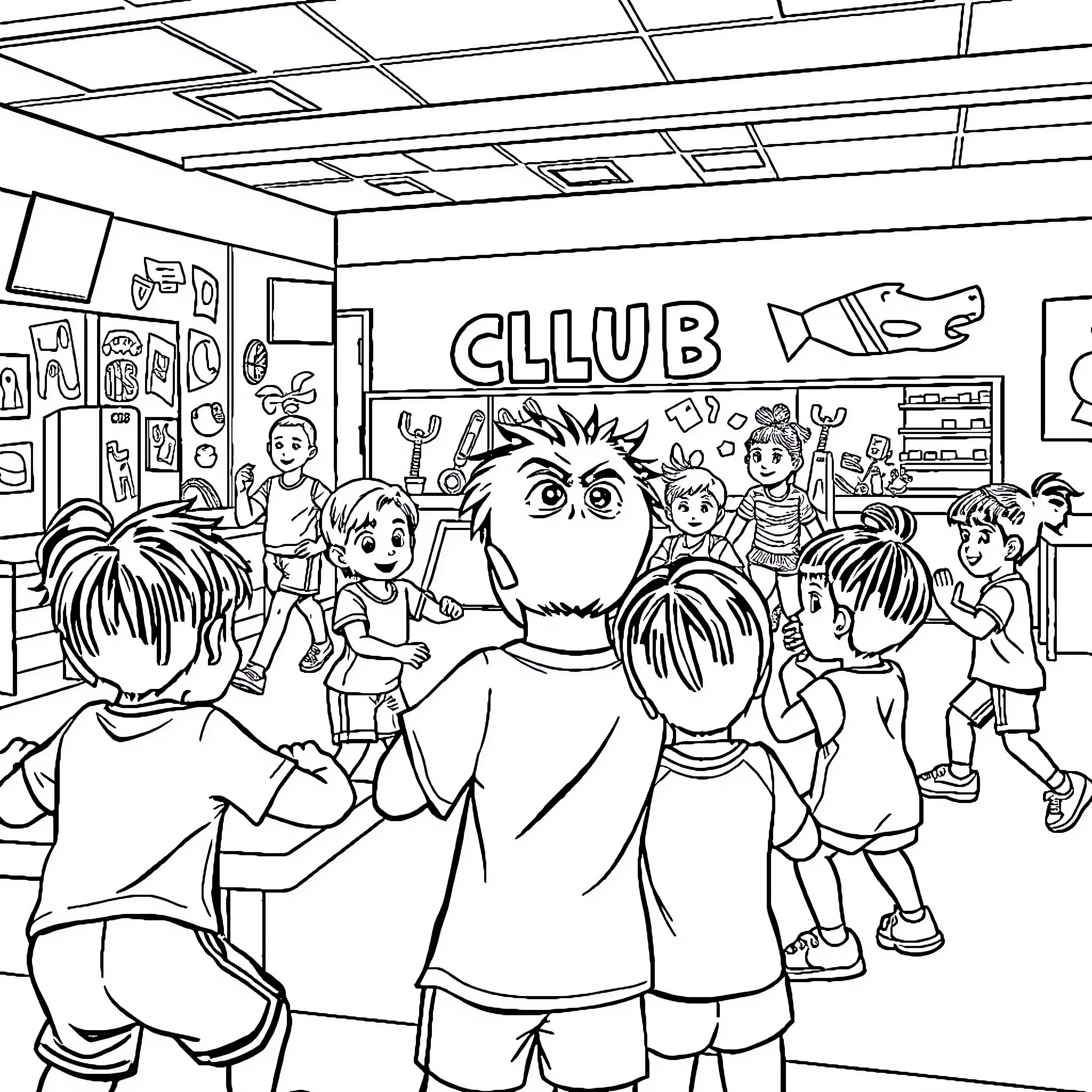 Kids Club - Children playing and having fun together Coloring Page (free black-and-white line drawing printable PDF for all, from beginners to advanced learners, including children, teens, adults, and seniors)