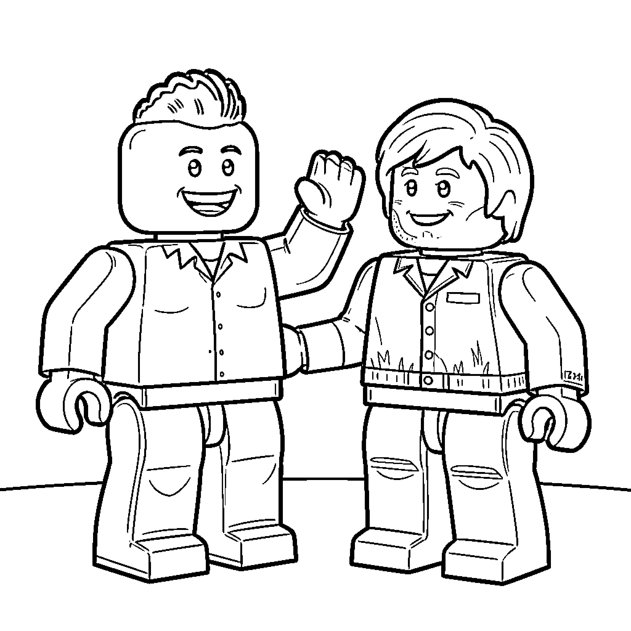 Muñeco de dos amigos felices Coloring Page (free black-and-white line drawing printable PDF for all, from beginners to advanced learners, including children, teens, adults, and seniors)