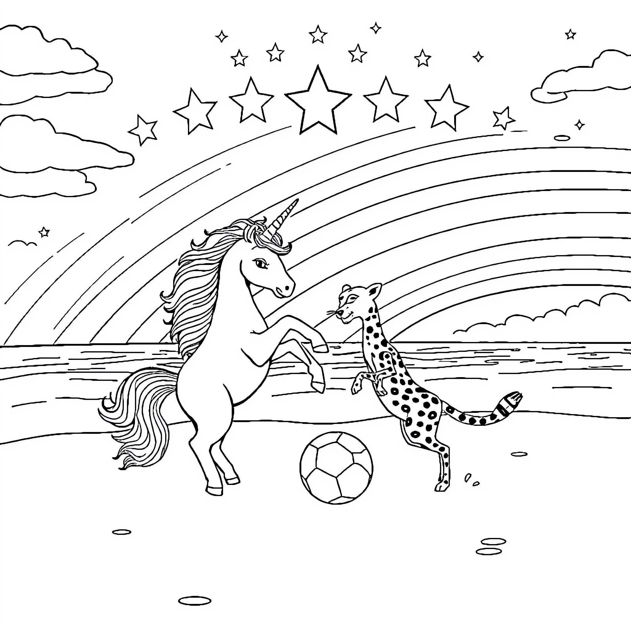 Unicorn and Leopard Playing Soccer Under the Stars Coloring Page (free black-and-white line drawing printable PDF for all, from beginners to advanced learners, including children, teens, adults, and seniors)
