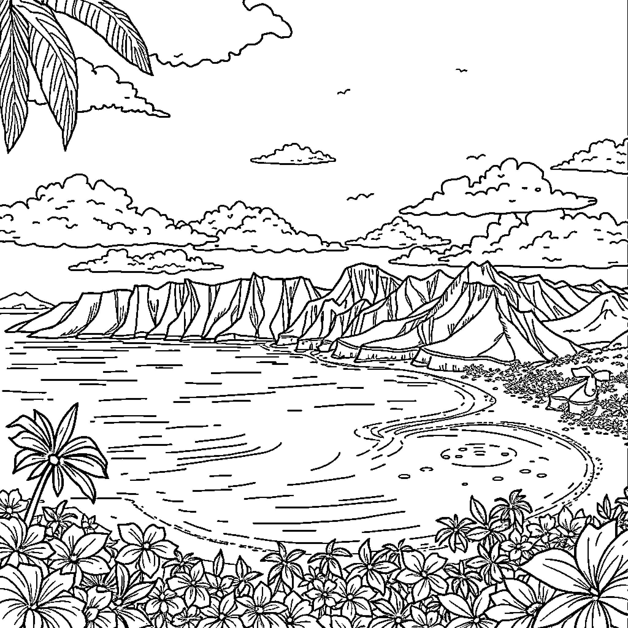 Hawaii scenic landscape with mountains and beach Coloring Page (free black-and-white line drawing printable PDF for all, from beginners to advanced learners, including children, teens, adults, and seniors)