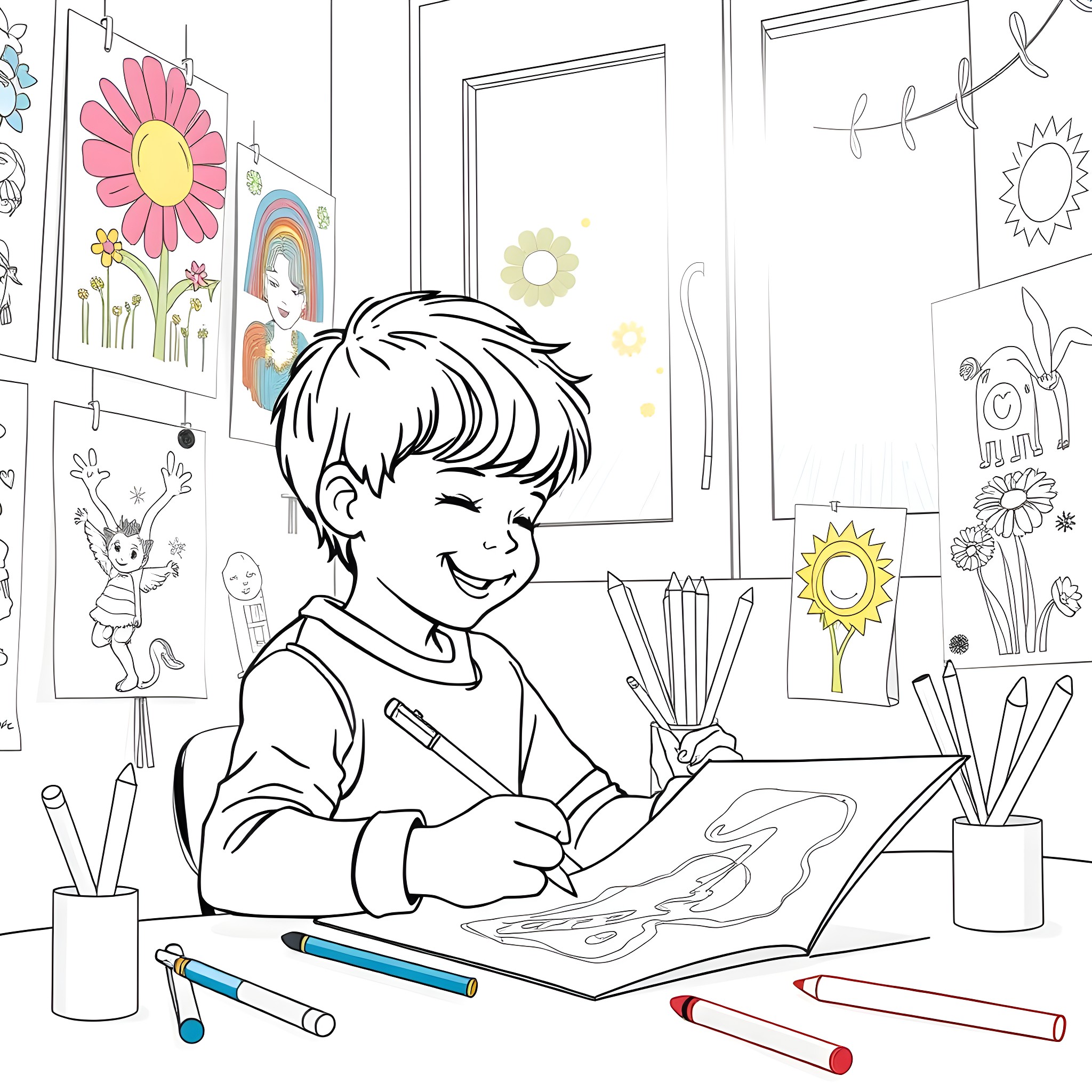 Kindergartener Happily Coloring Artworks on Classroom Wall Coloring Page (free black-and-white line drawing printable PDF for all, from beginners to advanced learners, including children, teens, adults, and seniors)