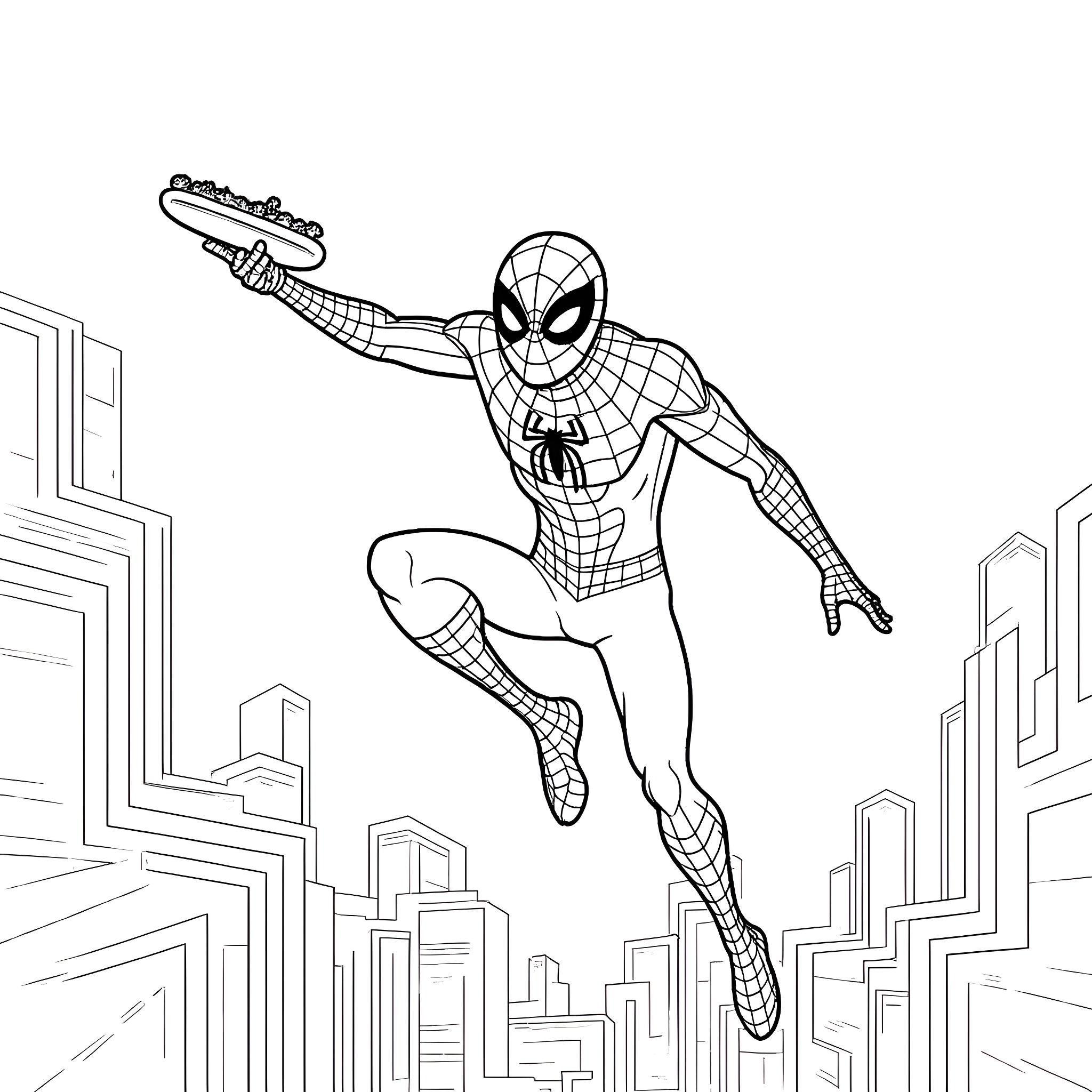 Spiderman swinging through the city skyline Coloring Page (free black-and-white line drawing printable PDF for all, from beginners to advanced learners, including children, teens, adults, and seniors)