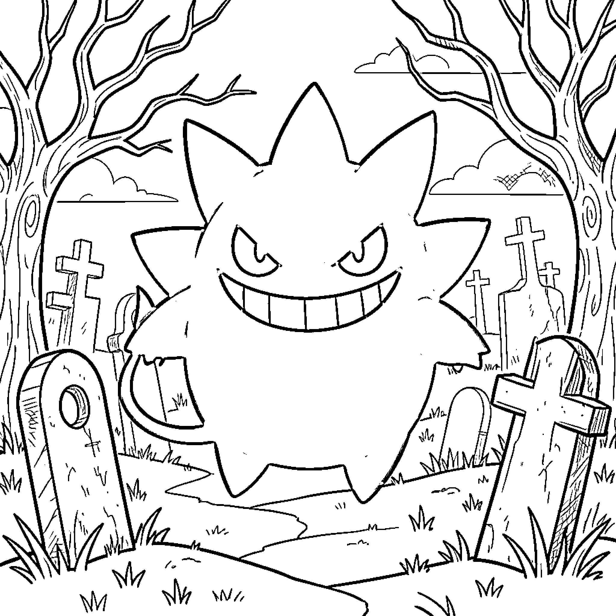Gengar haunting a spooky graveyard Coloring Page (free black-and-white line drawing printable PDF for all, from beginners to advanced learners, including children, teens, adults, and seniors)