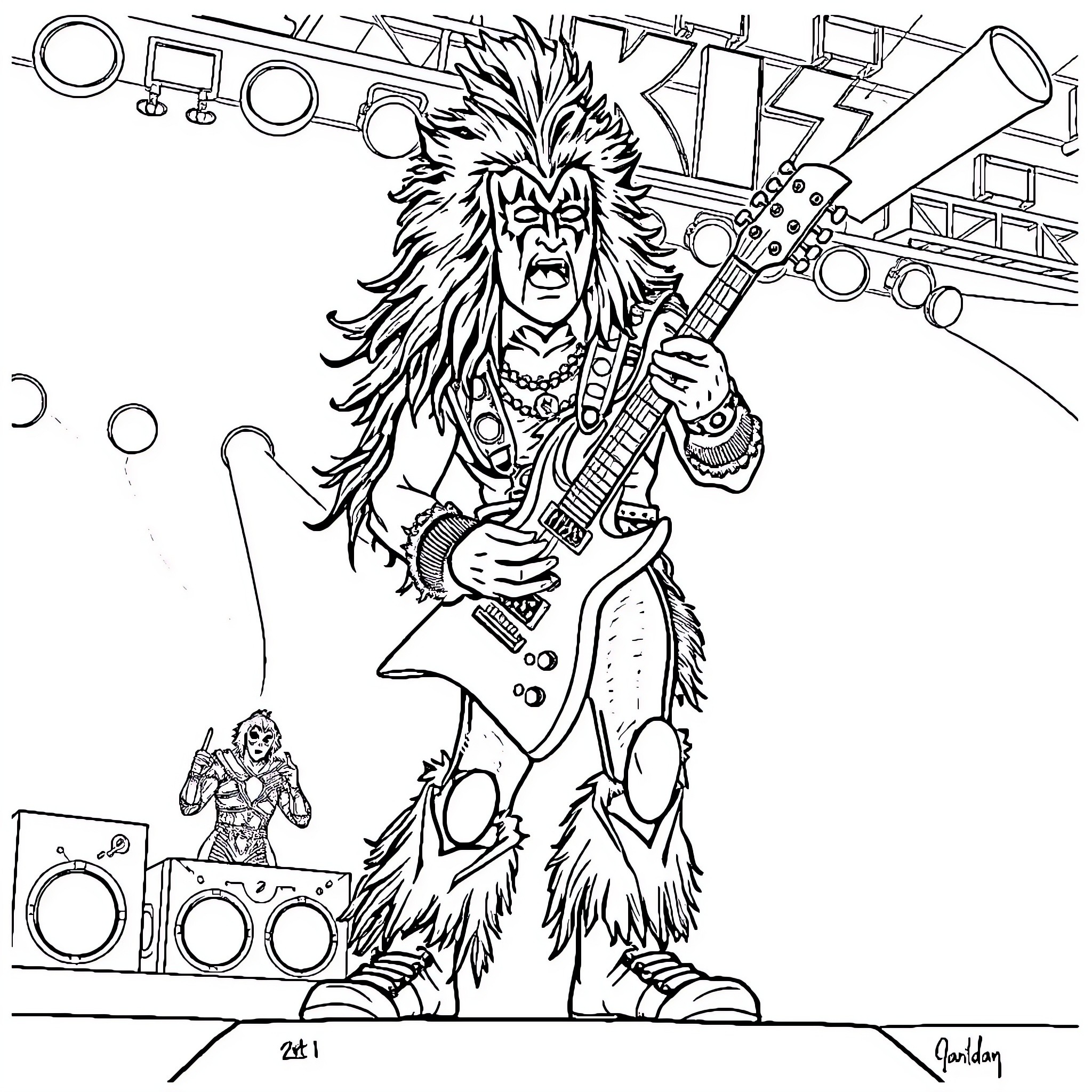 Captain Caveman rocking out on electric guitar Coloring Page (free black-and-white line drawing printable PDF for all, from beginners to advanced learners, including children, teens, adults, and seniors)
