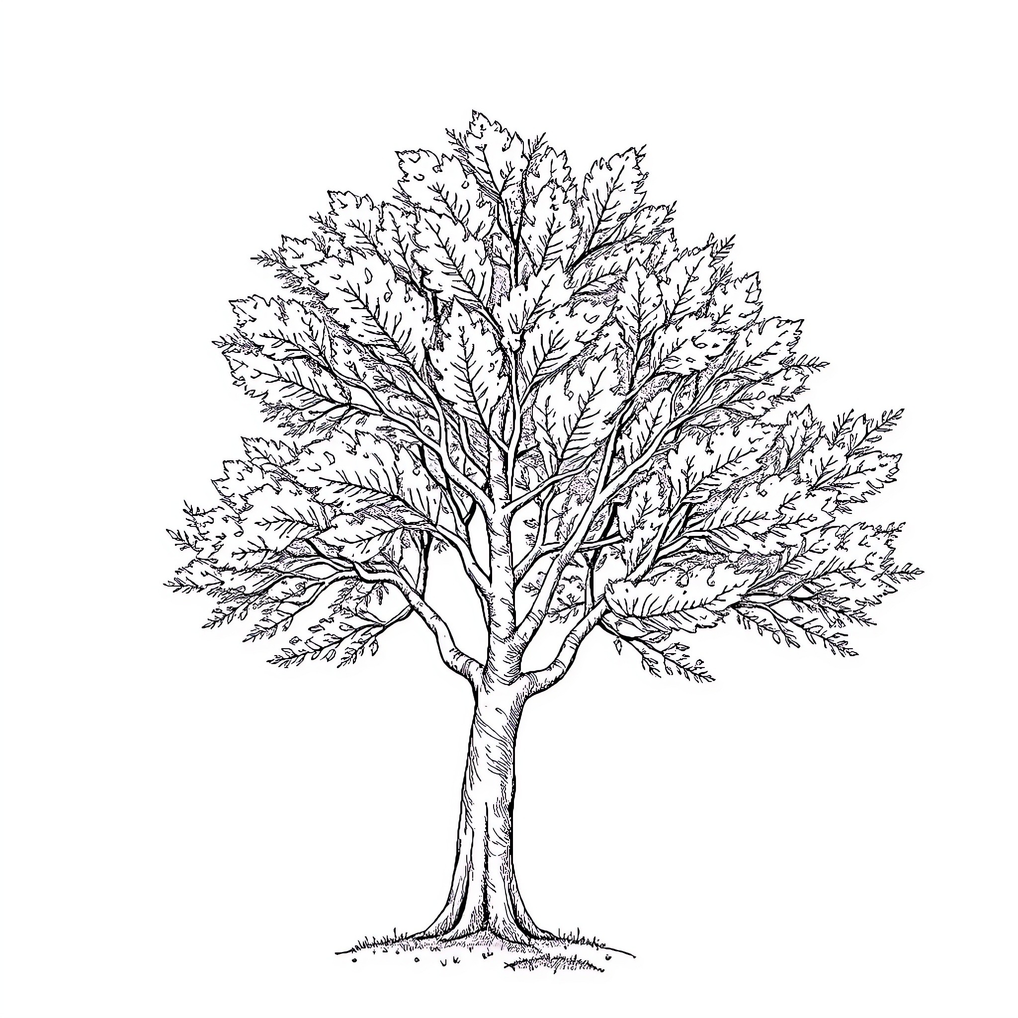 Tree with detailed leaf structures Coloring Page (free black-and-white line drawing printable PDF for all, from beginners to advanced learners, including children, teens, adults, and seniors)