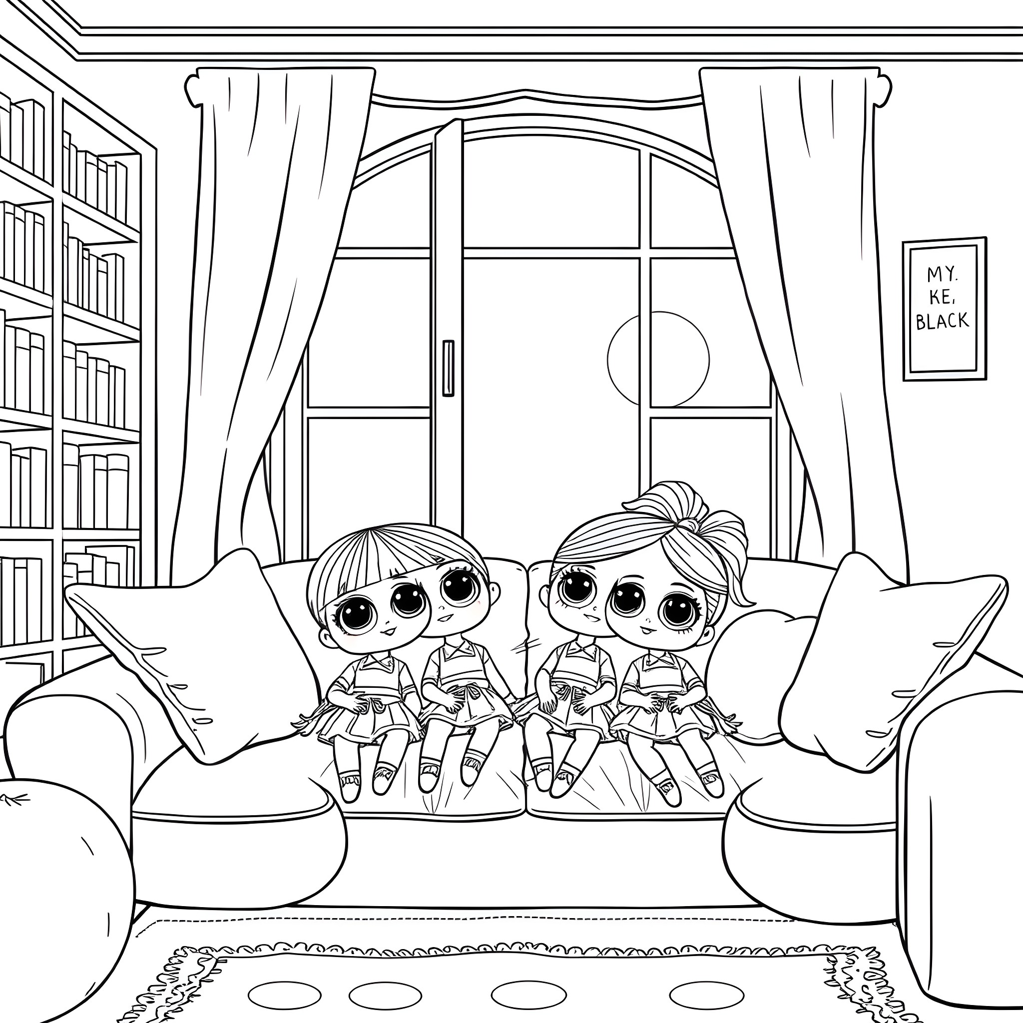 Doll friends relaxing at home together Coloring Page (free black-and-white line drawing printable PDF for all, from beginners to advanced learners, including children, teens, adults, and seniors)