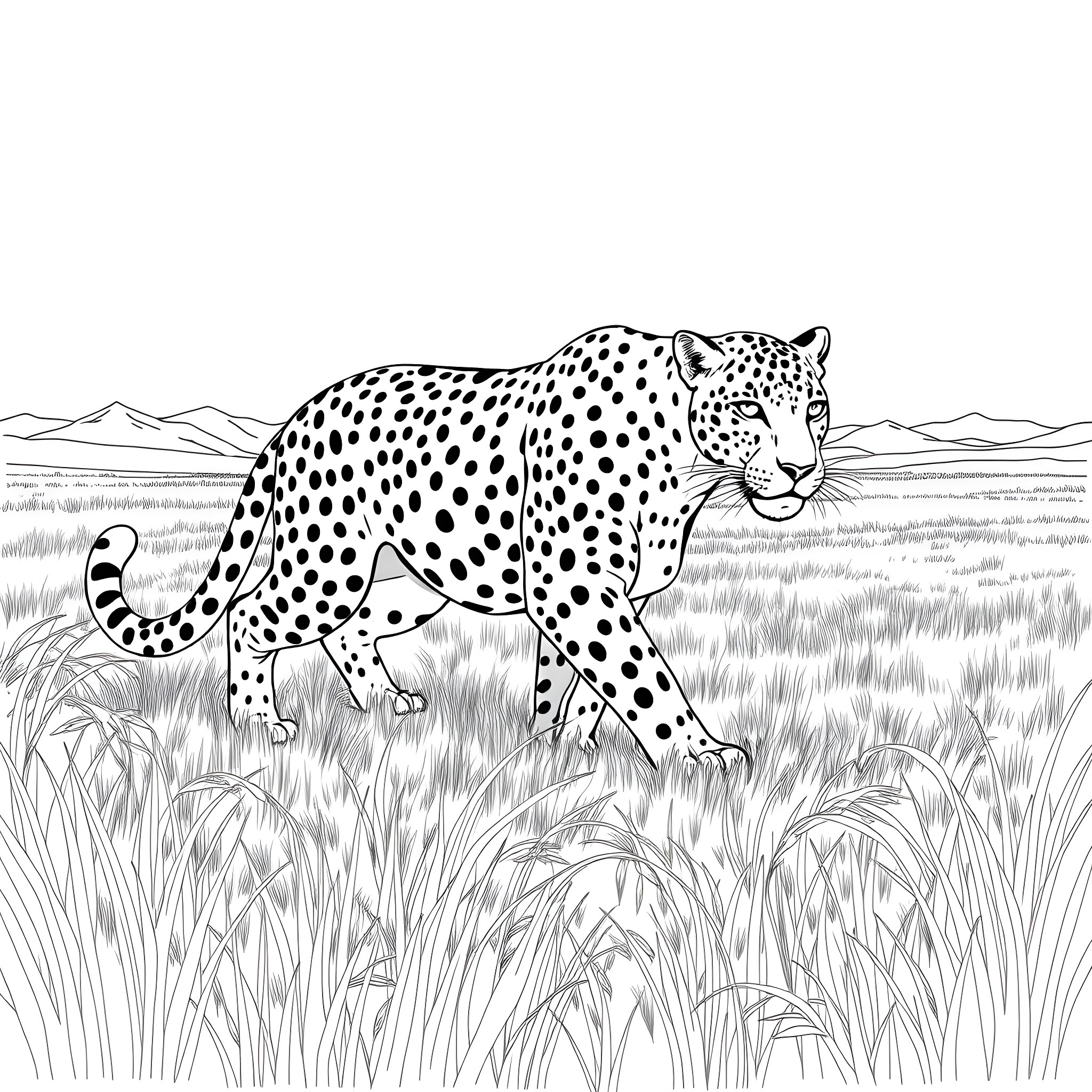 Leopard stalking through the grassy savanna Coloring Page (free black-and-white line drawing printable PDF for all, from beginners to advanced learners, including children, teens, adults, and seniors)