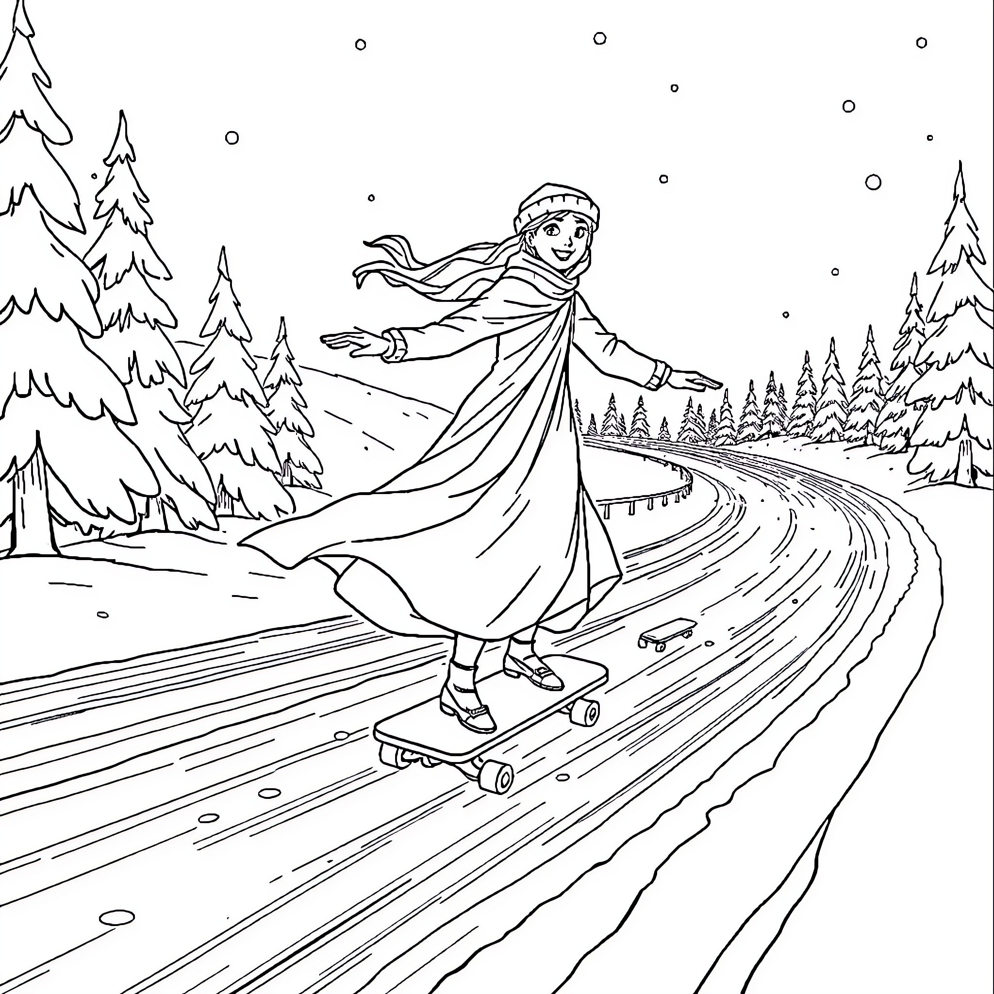 Queen skating gracefully on a snowy winter road Coloring Page (free black-and-white line drawing printable PDF for all, from beginners to advanced learners, including children, teens, adults, and seniors)