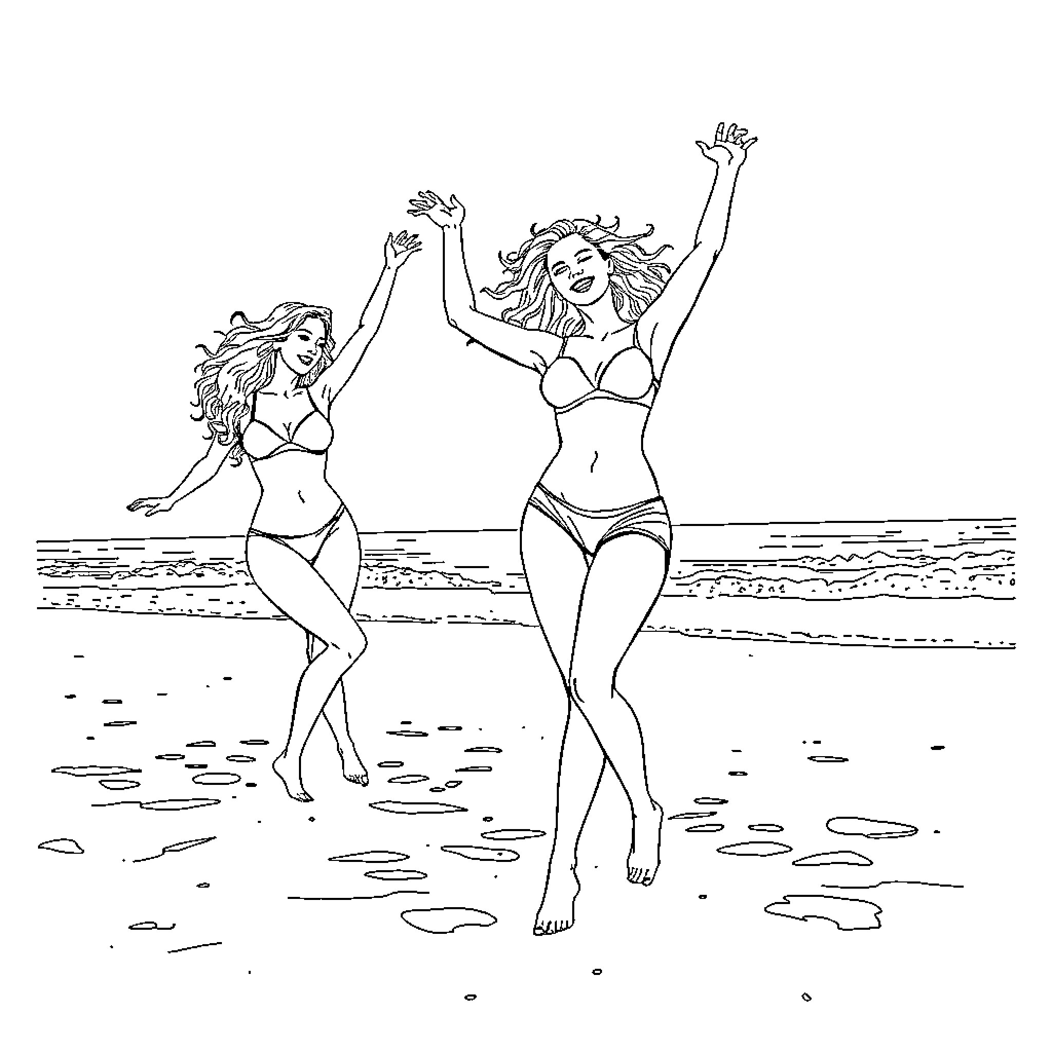 Women enjoying a lively beach day Coloring Page (free black-and-white line drawing printable PDF for all, from beginners to advanced learners, including children, teens, adults, and seniors)