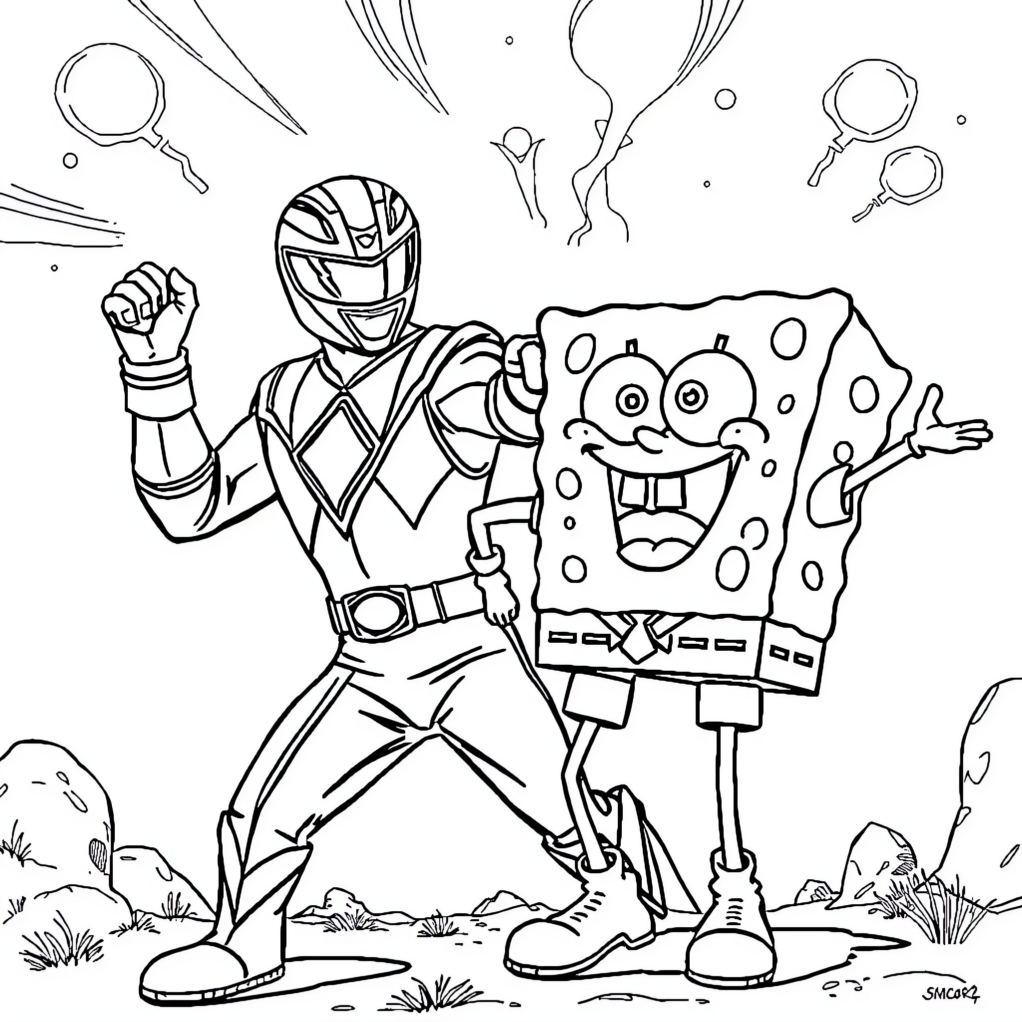 Power Ranger Defeats Monstrous Foe in Outdoor Scene Coloring Page (free black-and-white line drawing printable PDF for all, from beginners to advanced learners, including children, teens, adults, and seniors)