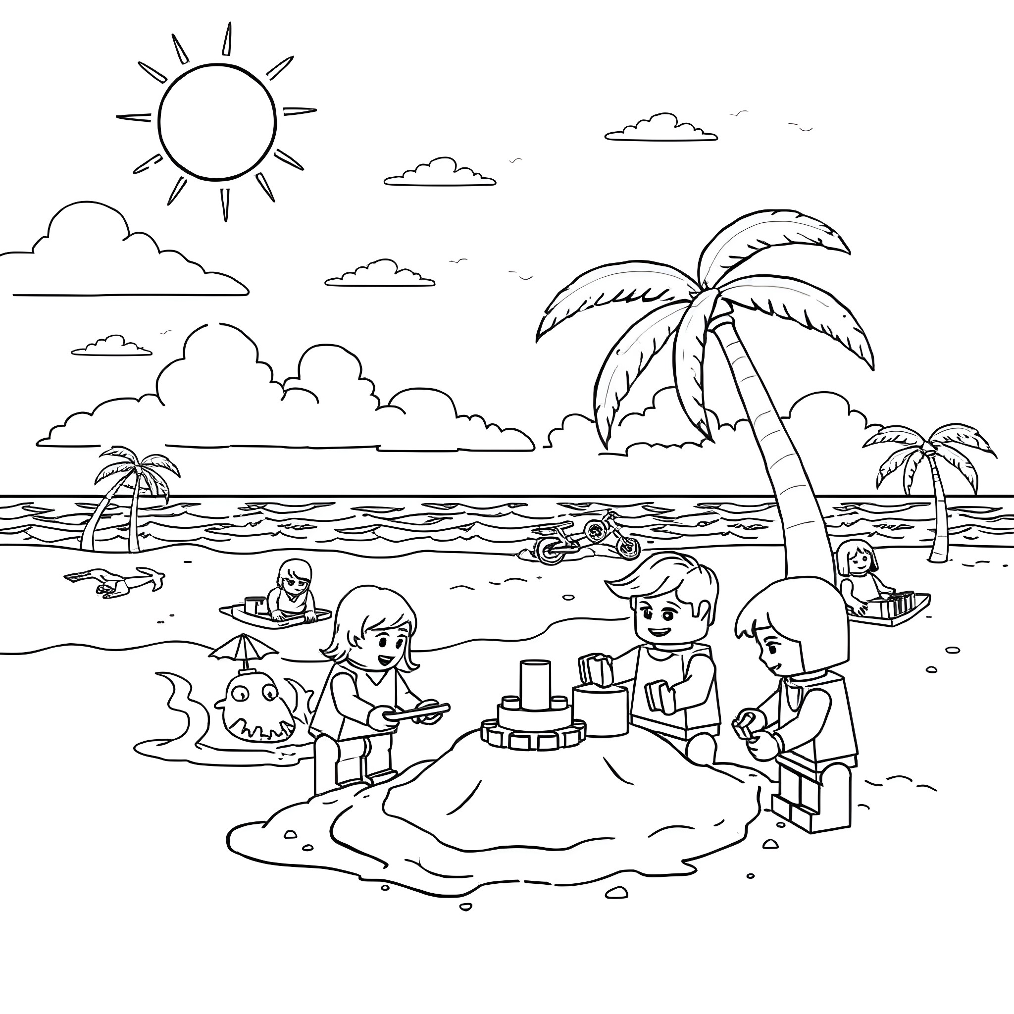 Lego People Enjoying a Beach Day Coloring Page (free black-and-white line drawing printable PDF for all, from beginners to advanced learners, including children, teens, adults, and seniors)