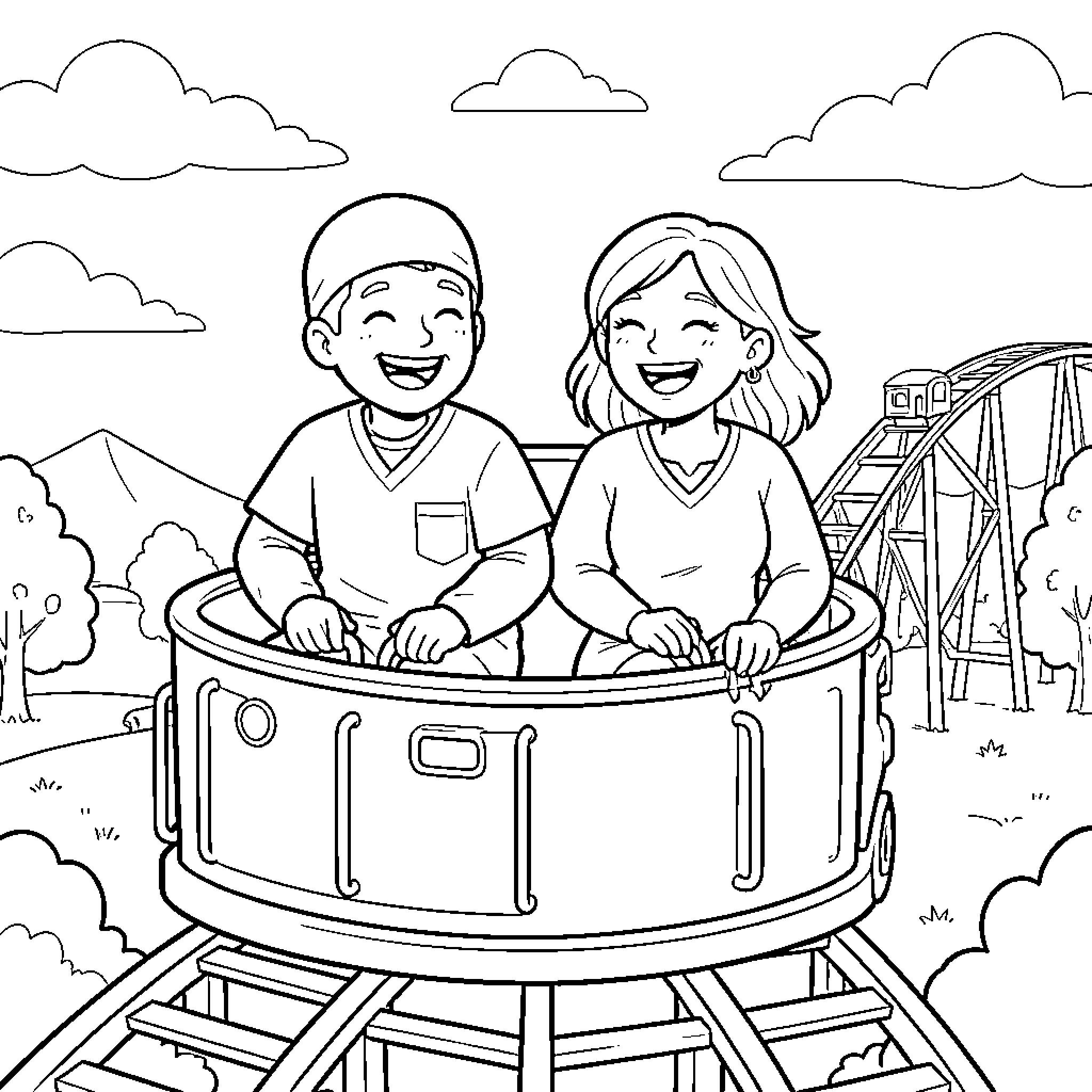 Surgeon duo enjoying thrilling amusement park ride Coloring Page (free black-and-white line drawing printable PDF for all, from beginners to advanced learners, including children, teens, adults, and seniors)