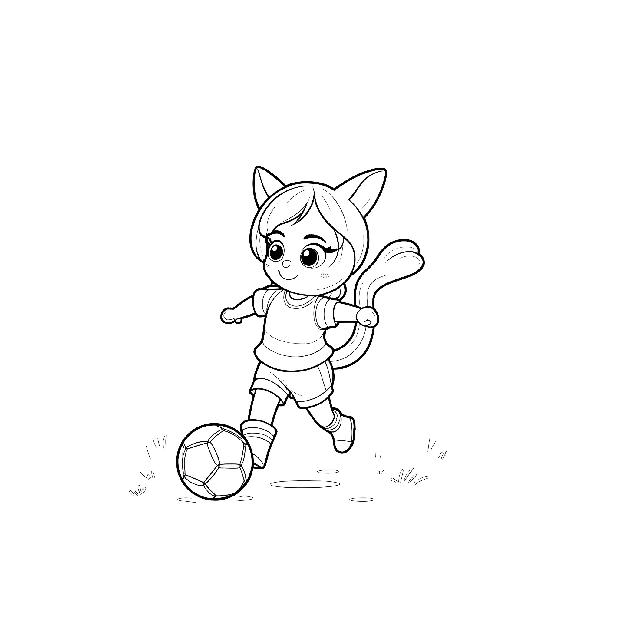 Gabby kicking a soccer ball happily Coloring Page (free black-and-white line drawing printable PDF for all, from beginners to advanced learners, including children, teens, adults, and seniors)