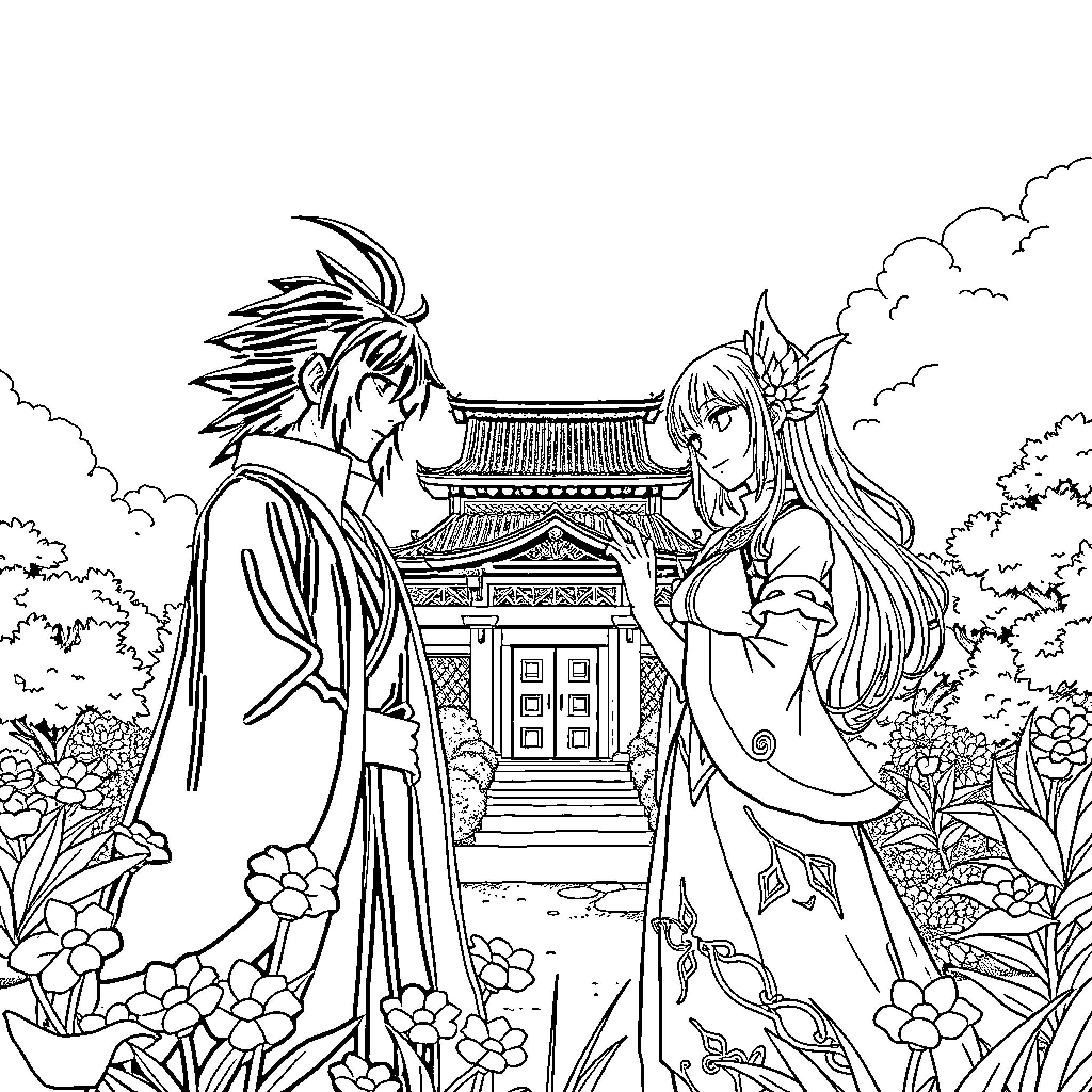 Zenitsu's Encounter with a Mysterious Woman in the Idyllic Landscape Coloring Page (free black-and-white line drawing printable PDF for all, from beginners to advanced learners, including children, teens, adults, and seniors)