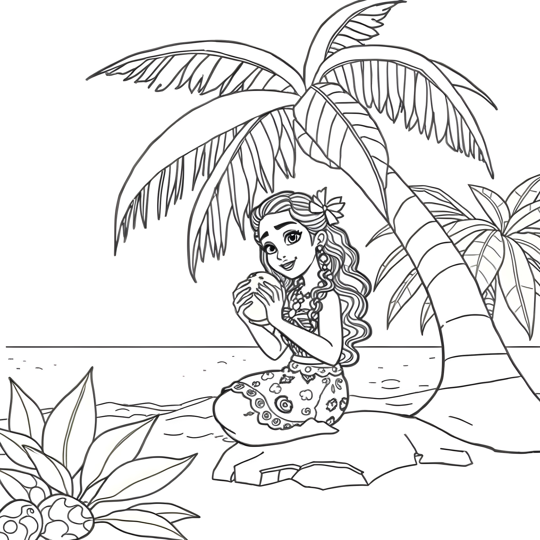 Moana enjoys a tropical paradise Coloring Page (free black-and-white line drawing printable PDF for all, from beginners to advanced learners, including children, teens, adults, and seniors)