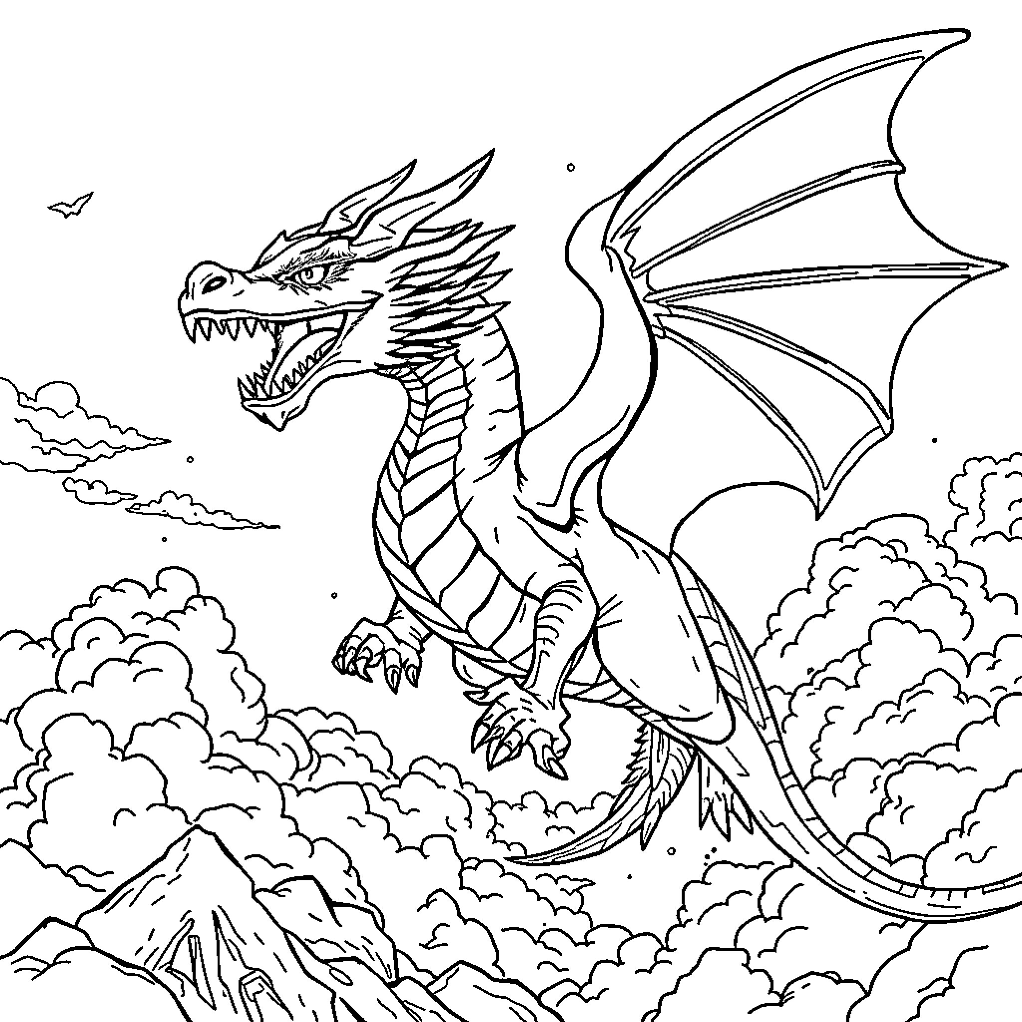 Dragon soaring through the cloudy skies Coloring Page (free black-and-white line drawing printable PDF for all, from beginners to advanced learners, including children, teens, adults, and seniors)