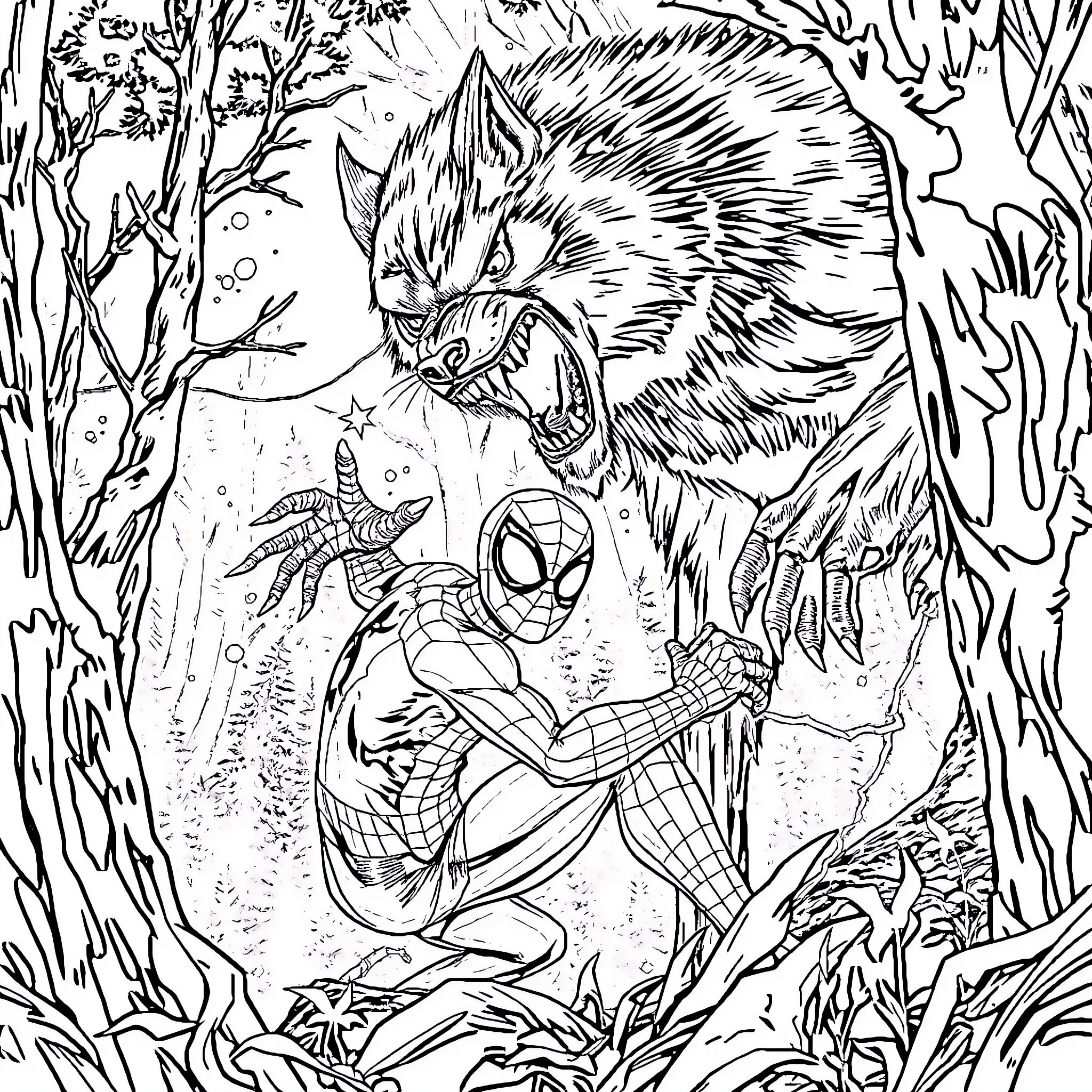Spiderman battles a ferocious wolf in the wilderness Coloring Page (free black-and-white line drawing printable PDF for all, from beginners to advanced learners, including children, teens, adults, and seniors)