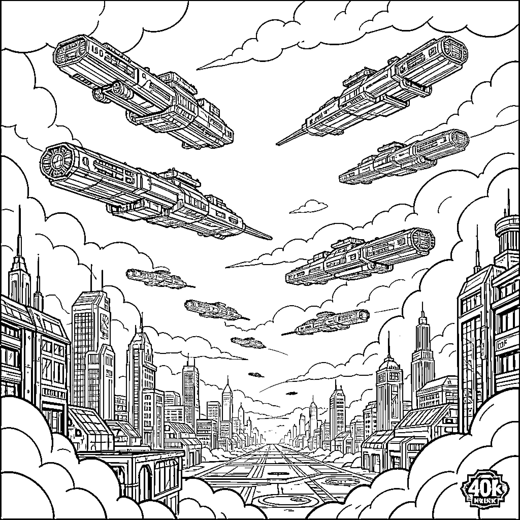 40k Futuristic Cityscape with Hovering Vehicles Coloring Page (free black-and-white line drawing printable PDF for all, from beginners to advanced learners, including children, teens, adults, and seniors)