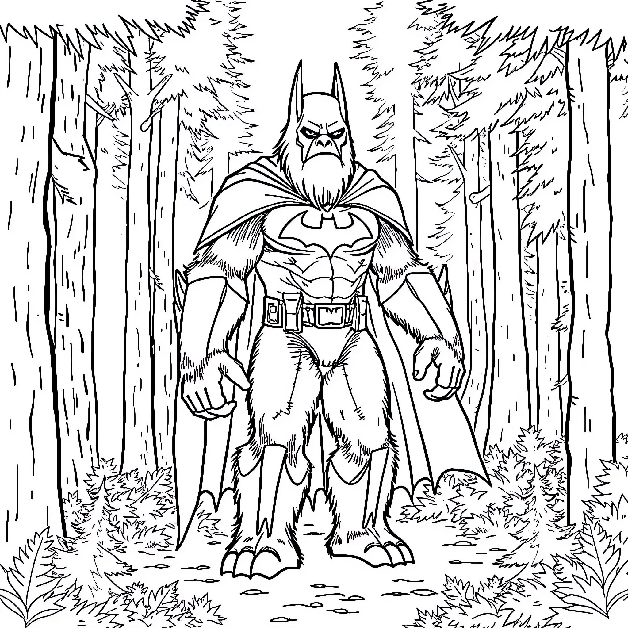 Bigfoot Batman exploring the forest Coloring Page (free black-and-white line drawing printable PDF for all, from beginners to advanced learners, including children, teens, adults, and seniors)