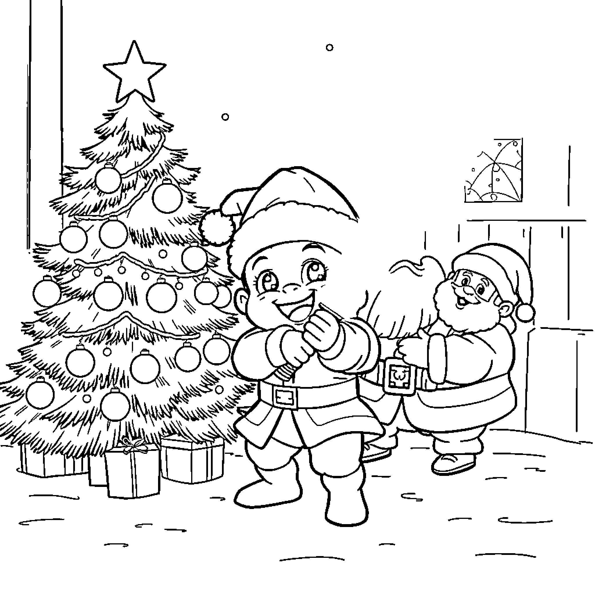 Grogu decorating Christmas tree with Santa Coloring Page (free black-and-white line drawing printable PDF for all, from beginners to advanced learners, including children, teens, adults, and seniors)