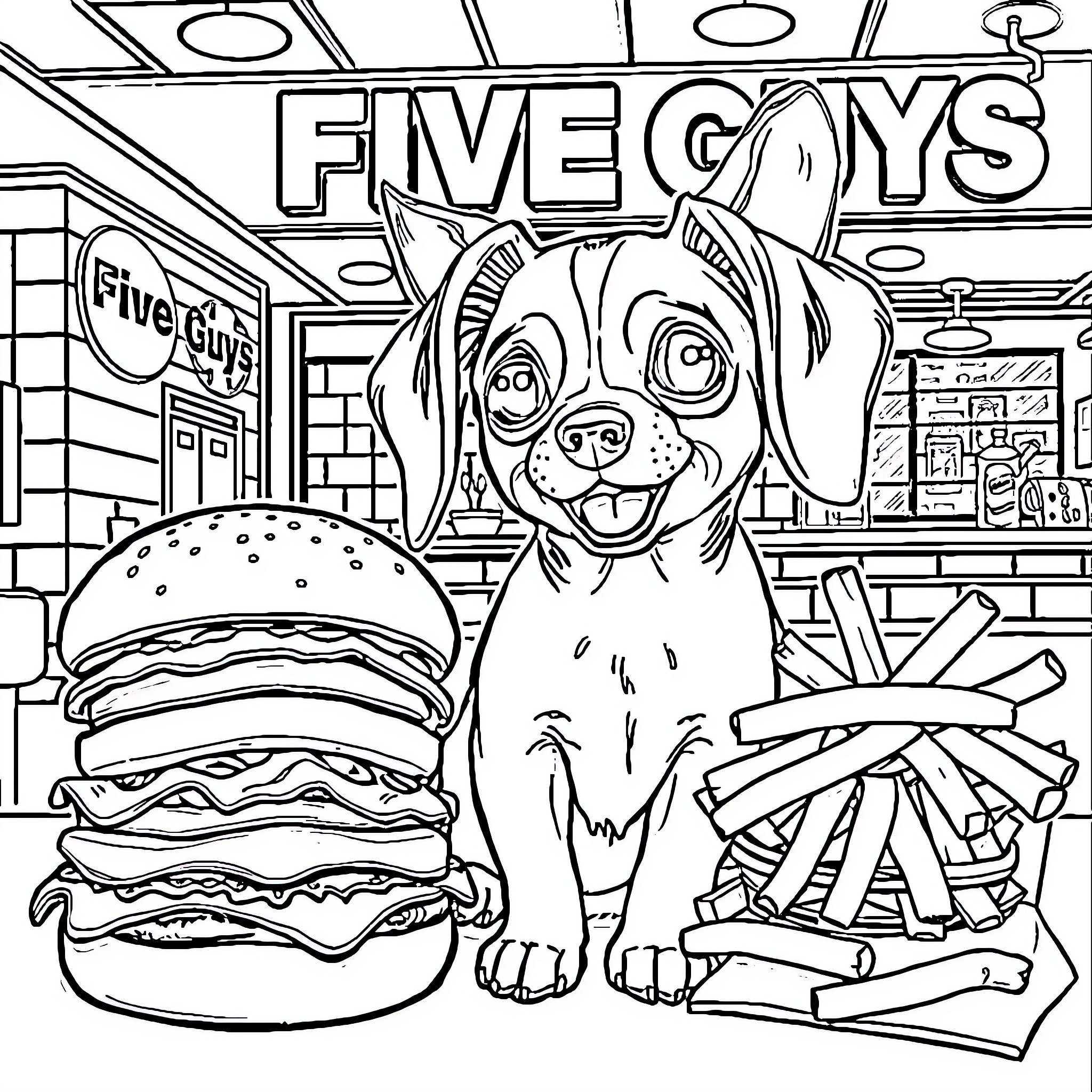 Dog at the Five Guys restaurant Coloring Page (free black-and-white line drawing printable PDF for all, from beginners to advanced learners, including children, teens, adults, and seniors)