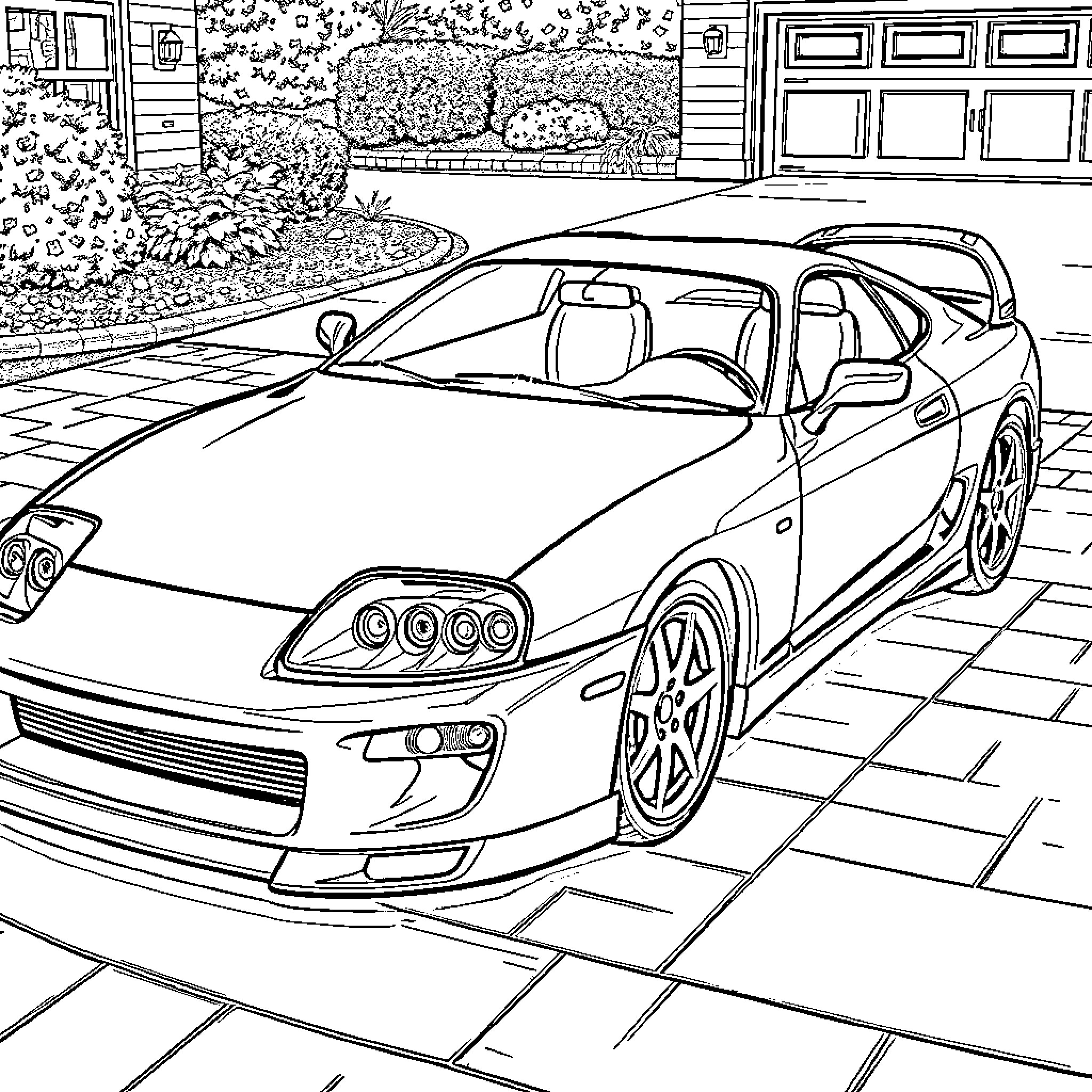 Mk3 Supra sports car in detailed drawing Coloring Page (free black-and-white line drawing printable PDF for all, from beginners to advanced learners, including children, teens, adults, and seniors)