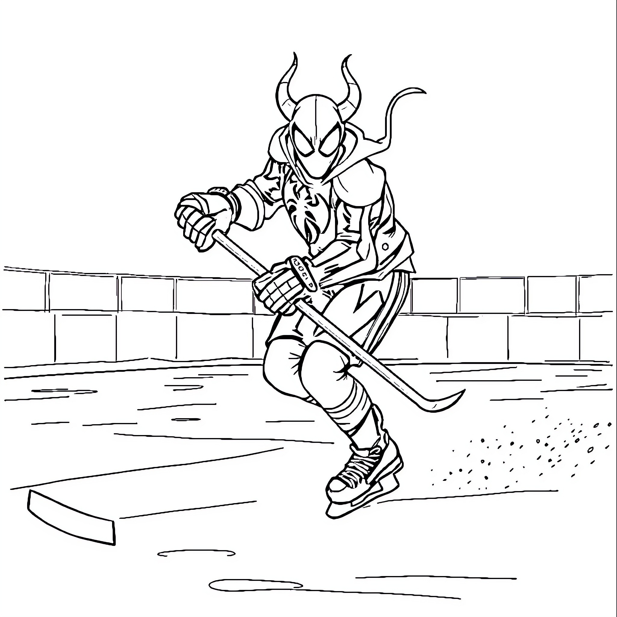 Spawn wielding a hockey stick on the ice rink Coloring Page (free black-and-white line drawing printable PDF for all, from beginners to advanced learners, including children, teens, adults, and seniors)