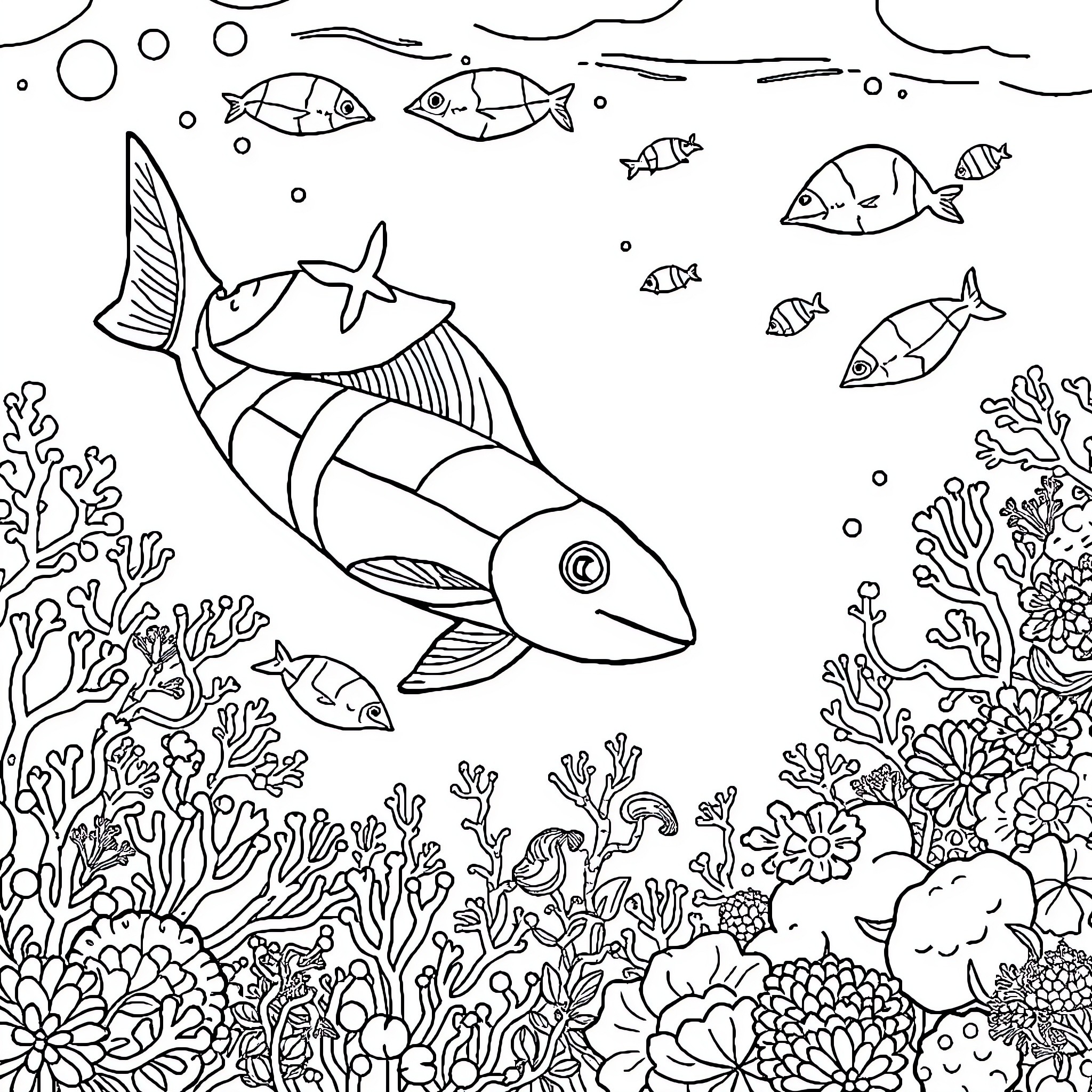 Animal playing in the underwater coral reef Coloring Page (free black-and-white line drawing printable PDF for all, from beginners to advanced learners, including children, teens, adults, and seniors)