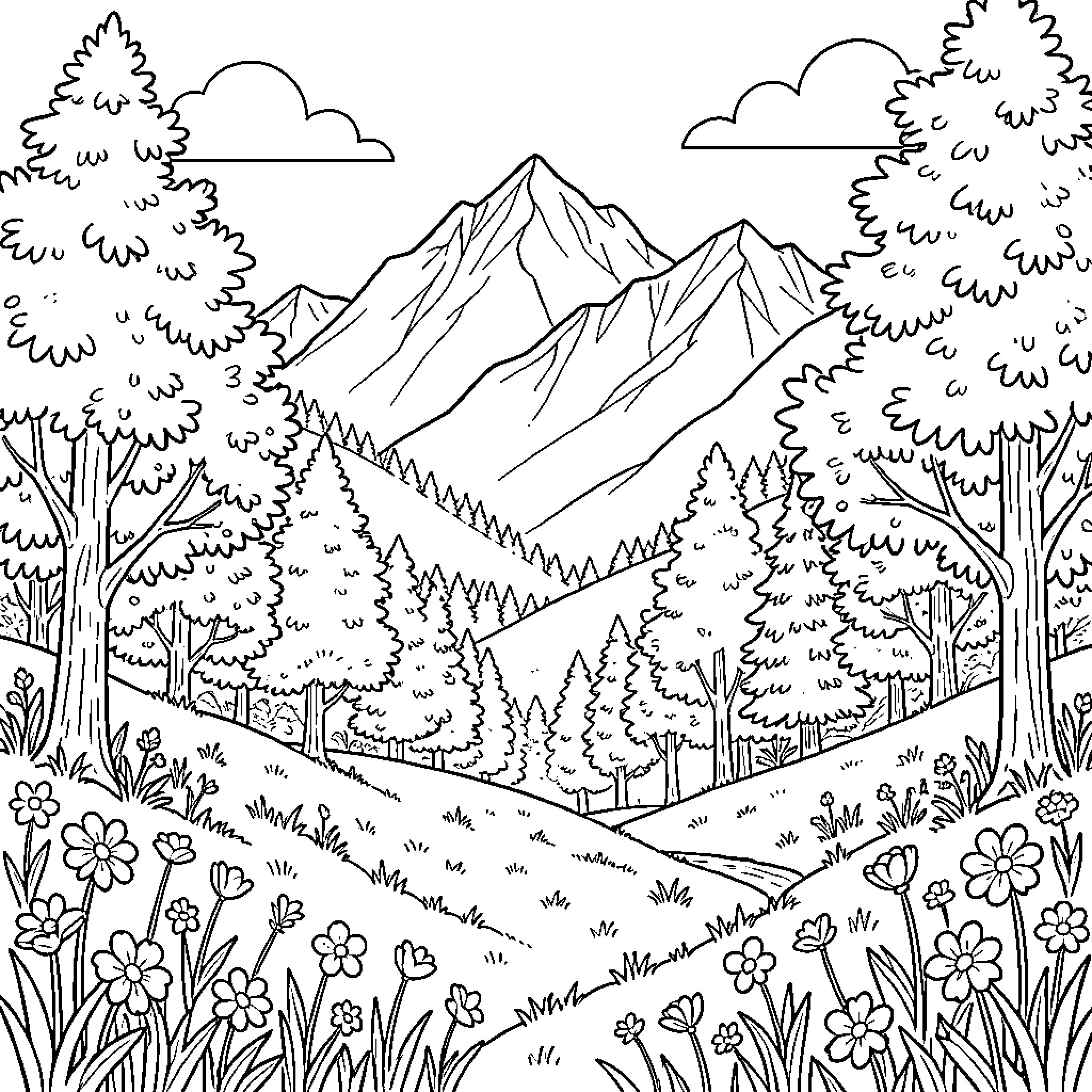 Mountain landscape surrounded by trees and wildflowers Coloring Page (free black-and-white line drawing printable PDF for all, from beginners to advanced learners, including children, teens, adults, and seniors)