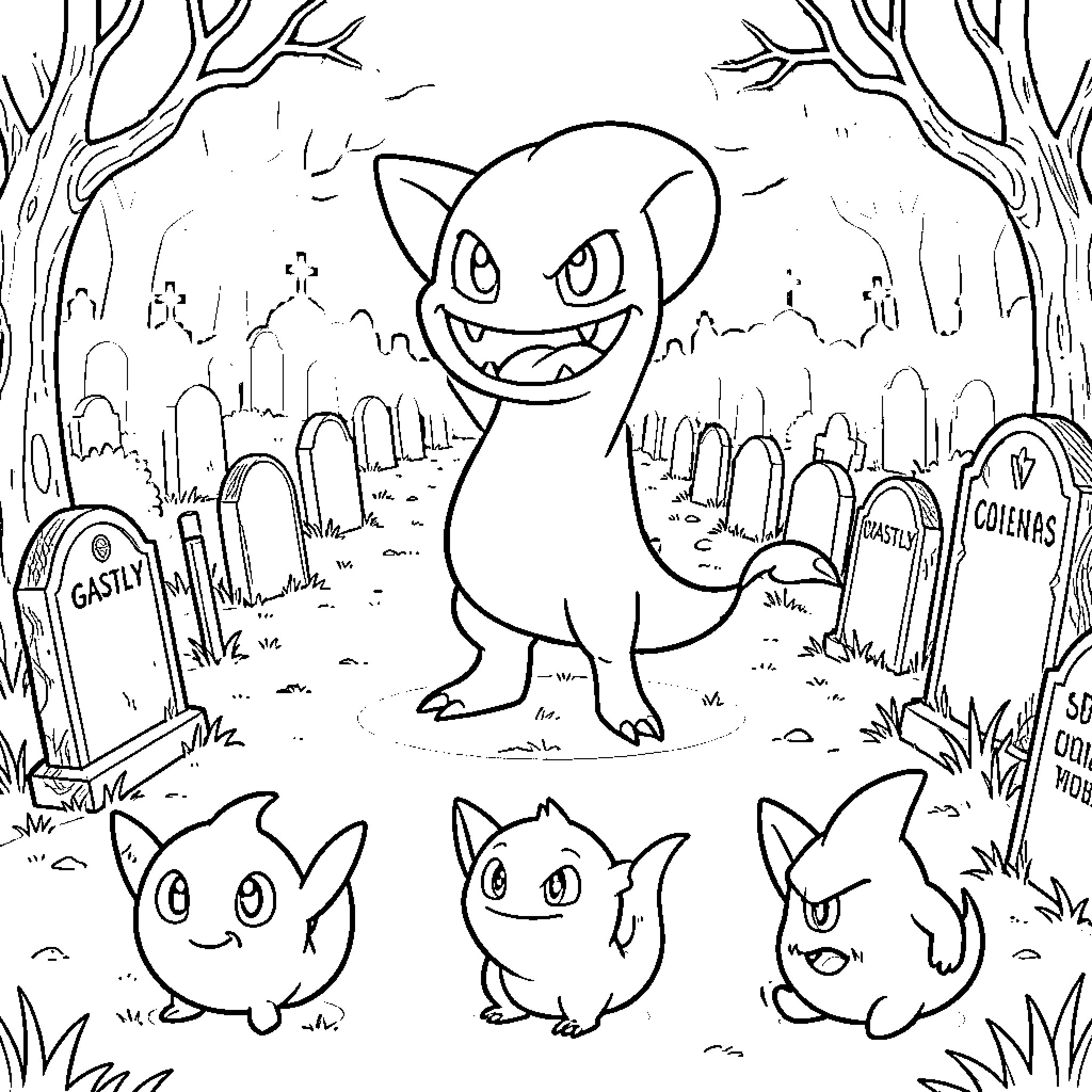Gastly terrorizing its ghostly companions in a spooky graveyard Coloring Page (free black-and-white line drawing printable PDF for all, from beginners to advanced learners, including children, teens, adults, and seniors)