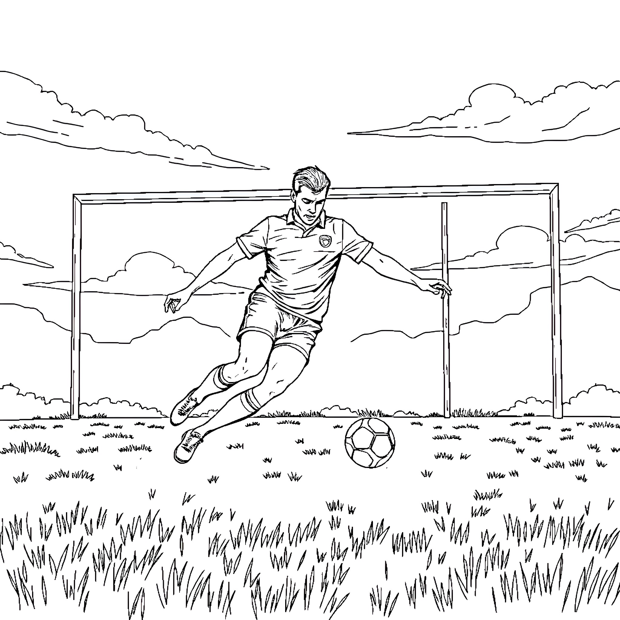 Rugby Player in Action on the Field Coloring Page (free black-and-white line drawing printable PDF for all, from beginners to advanced learners, including children, teens, adults, and seniors)