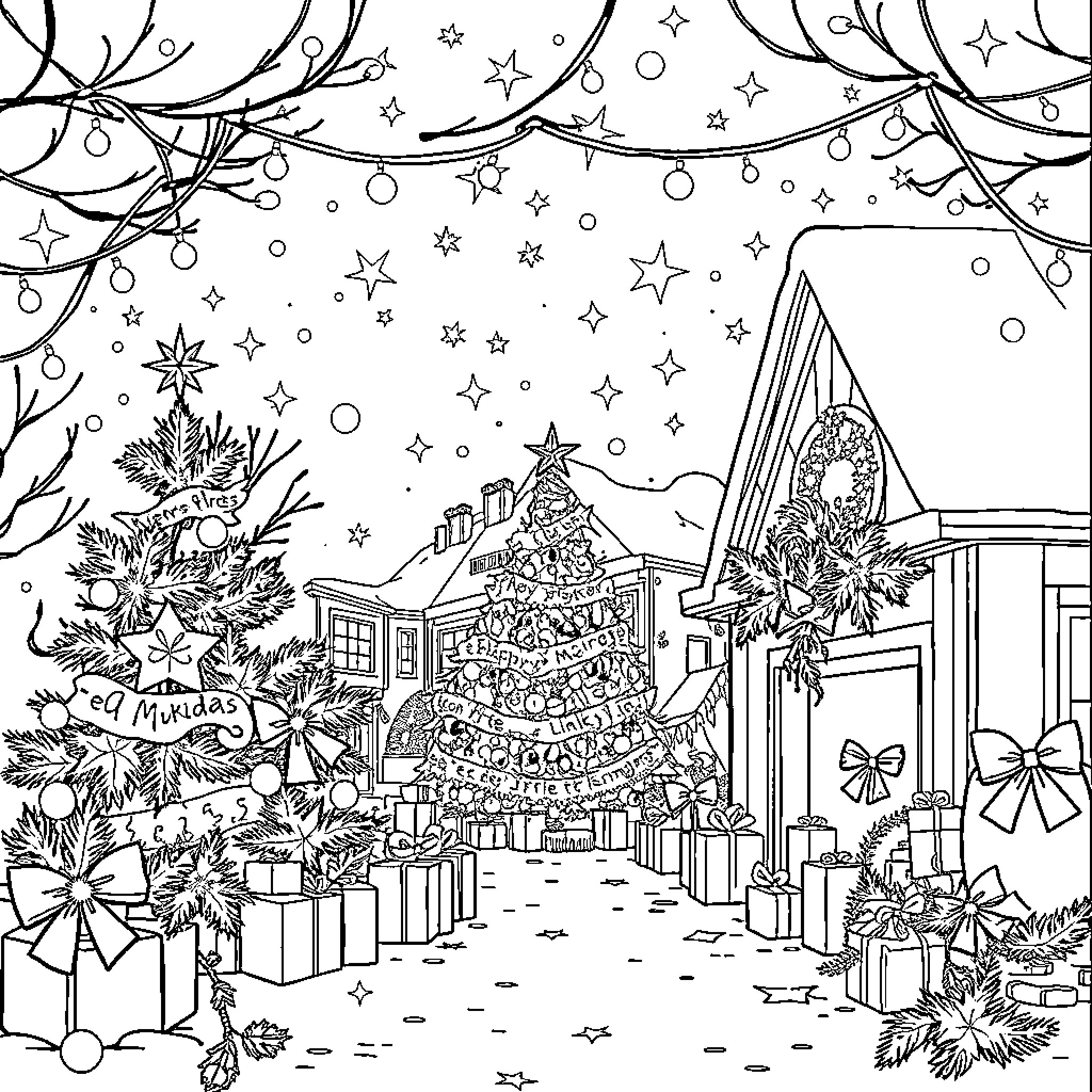 Christmas in a Festive Winter Wonderland Coloring Page (free black-and-white line drawing printable PDF for all, from beginners to advanced learners, including children, teens, adults, and seniors)