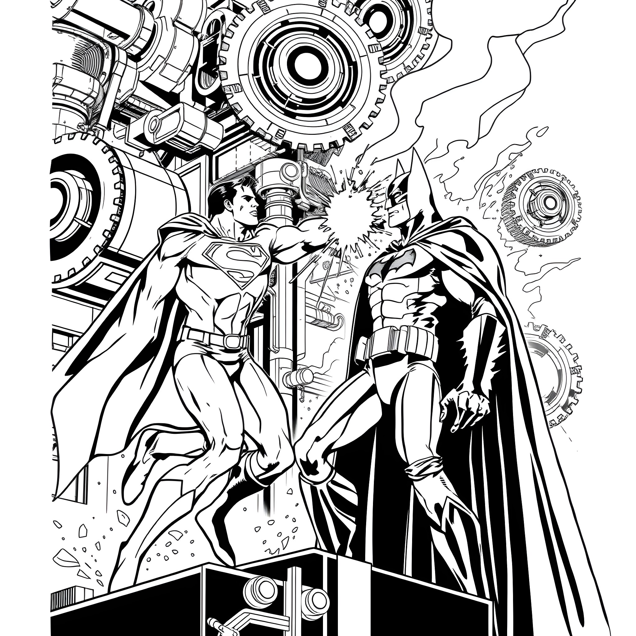 Superman and Batman's Heroic Clash Amidst Mechanical Gears Coloring Page (free black-and-white line drawing printable PDF for all, from beginners to advanced learners, including children, teens, adults, and seniors)