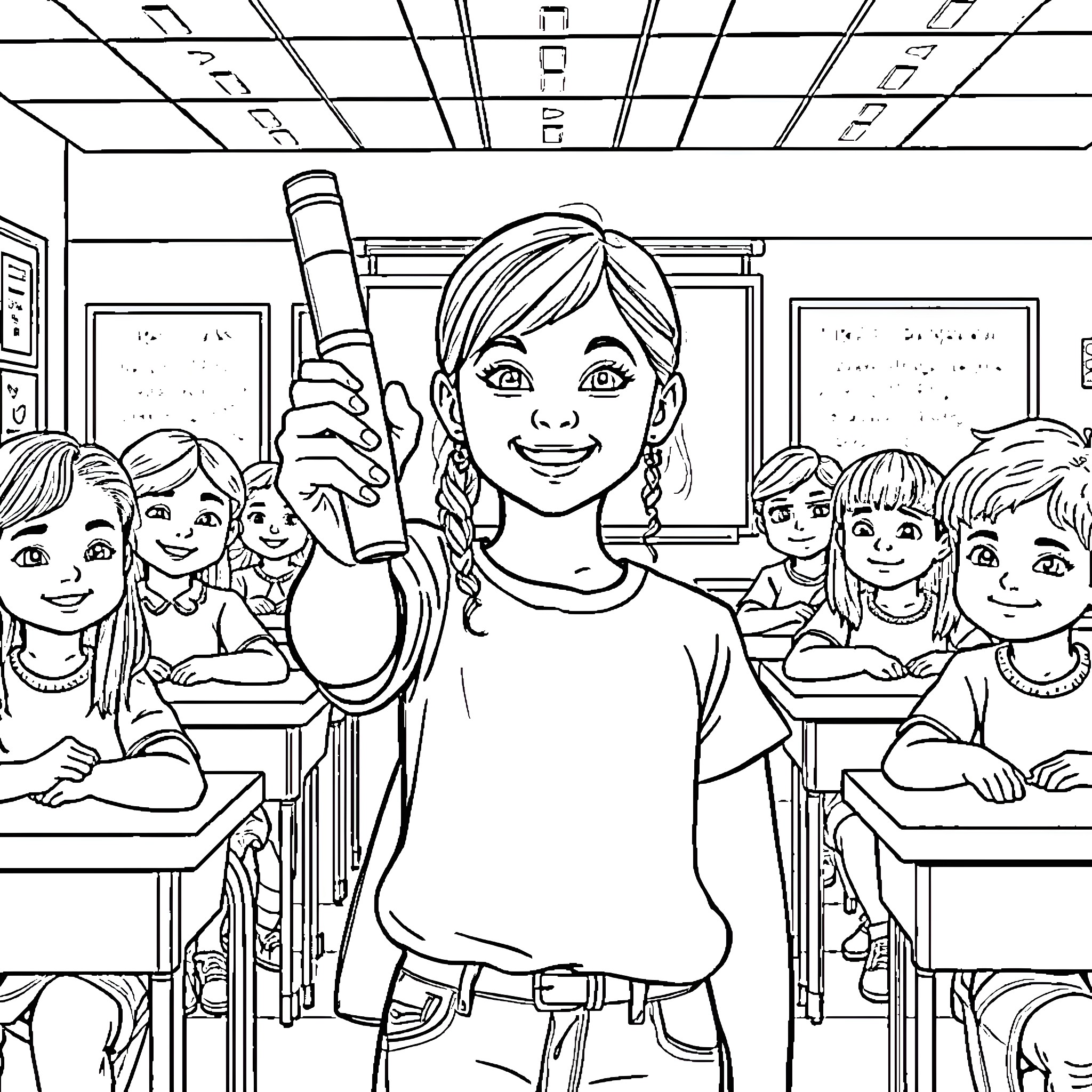 Girl Showing Science Experiment in Classroom Coloring Page (free black-and-white line drawing printable PDF for all, from beginners to advanced learners, including children, teens, adults, and seniors)