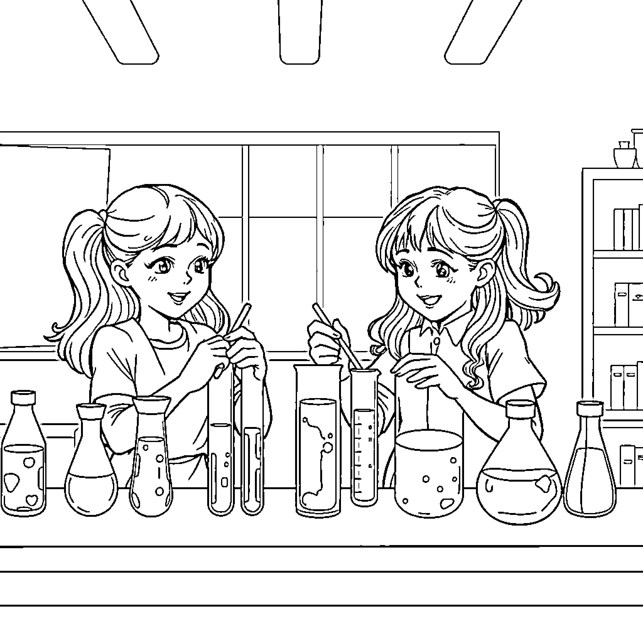 Girls Conducting Science Experiments in Lab Coloring Page (free black-and-white line drawing printable PDF for all, from beginners to advanced learners, including children, teens, adults, and seniors)