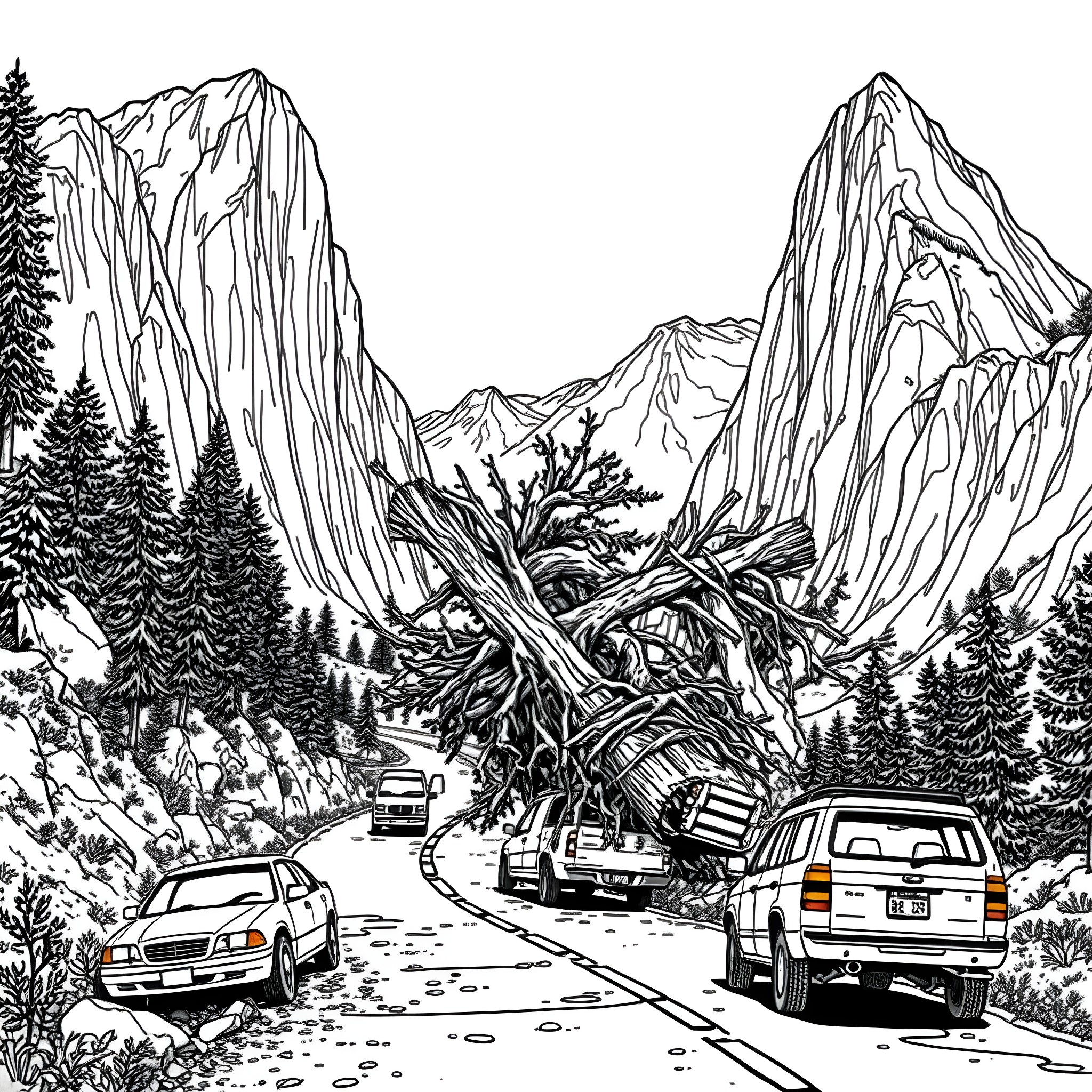 Tree-lined Mountainous Landscape with Vehicles on Winding Road Coloring Page (free black-and-white line drawing printable PDF for all, from beginners to advanced learners, including children, teens, adults, and seniors)