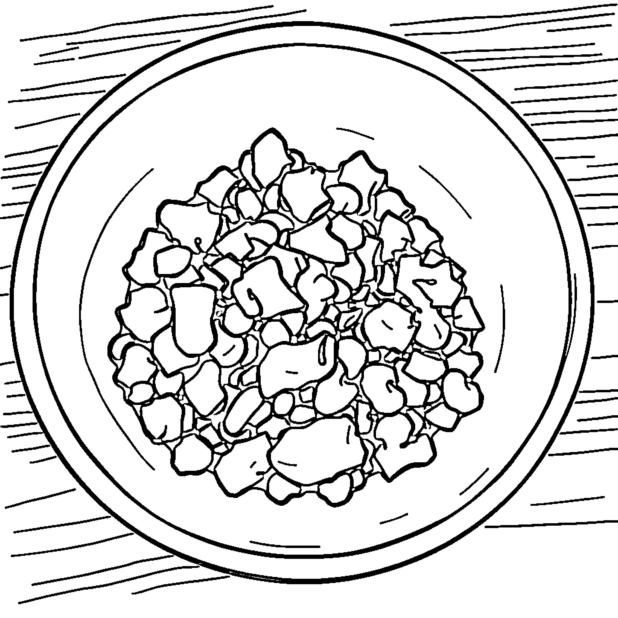 Meat in a dish on a table Coloring Page (free black-and-white line drawing printable PDF for all, from beginners to advanced learners, including children, teens, adults, and seniors)