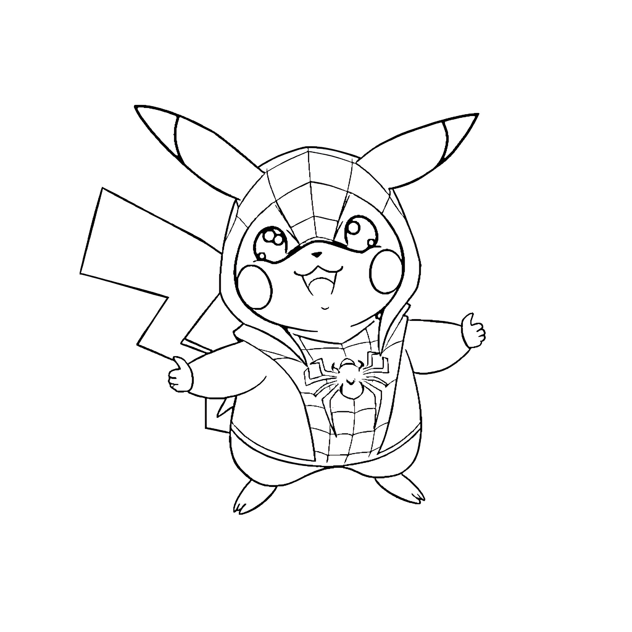 Pikachu in Spider-Man costume Coloring Page (free black-and-white line drawing printable PDF for all, from beginners to advanced learners, including children, teens, adults, and seniors)