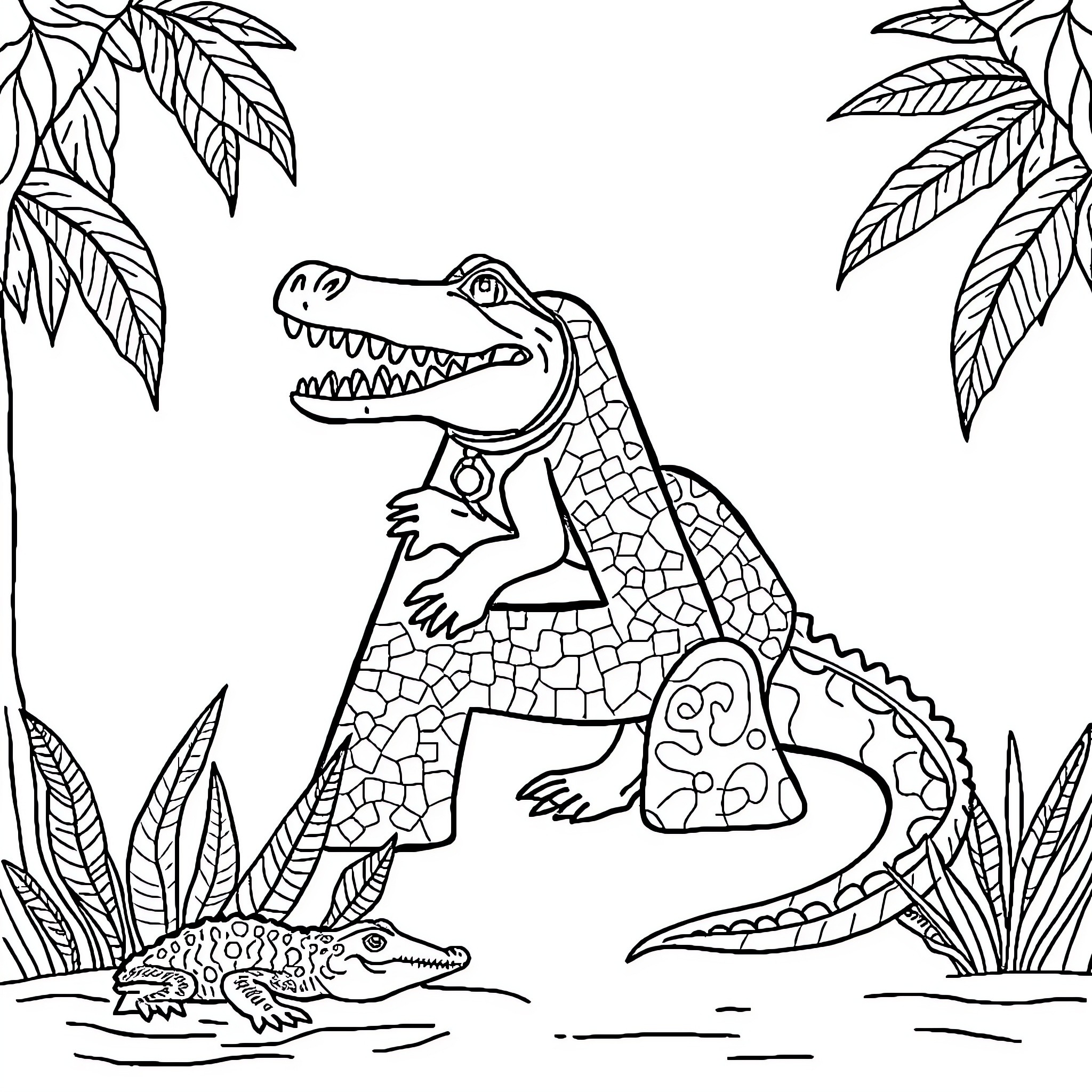 Alligator exploring the lush tropical foliage Coloring Page (free black-and-white line drawing printable PDF for all, from beginners to advanced learners, including children, teens, adults, and seniors)