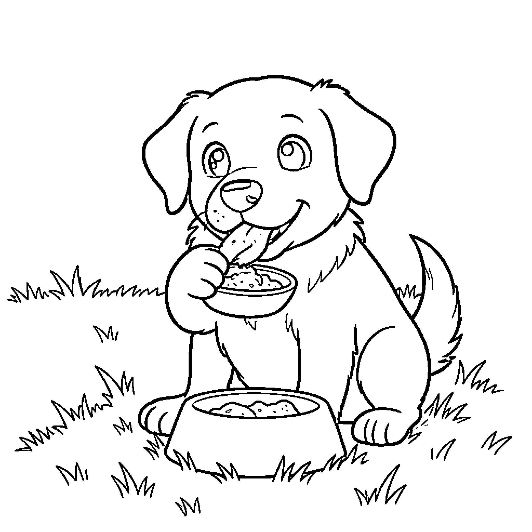 Dog enjoying a tasty meal in the grass Coloring Page (free black-and-white line drawing printable PDF for all, from beginners to advanced learners, including children, teens, adults, and seniors)