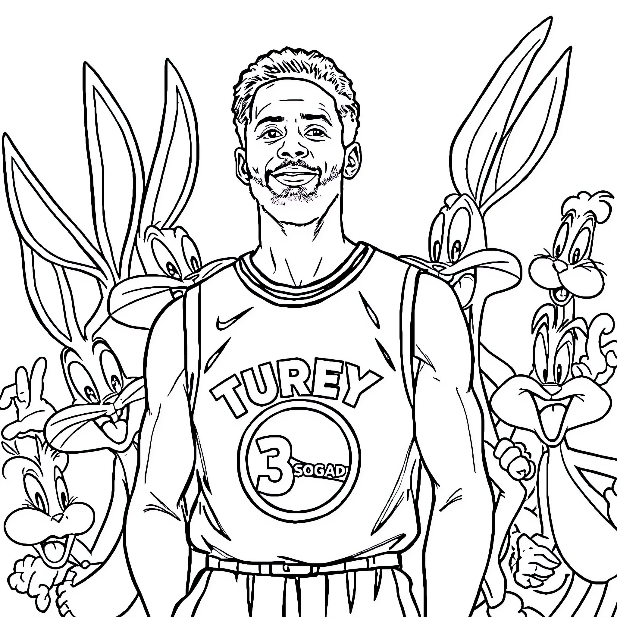 Stephen Curry playing basketball with Looney Tunes characters Coloring Page (free black-and-white line drawing printable PDF for all, from beginners to advanced learners, including children, teens, adults, and seniors)