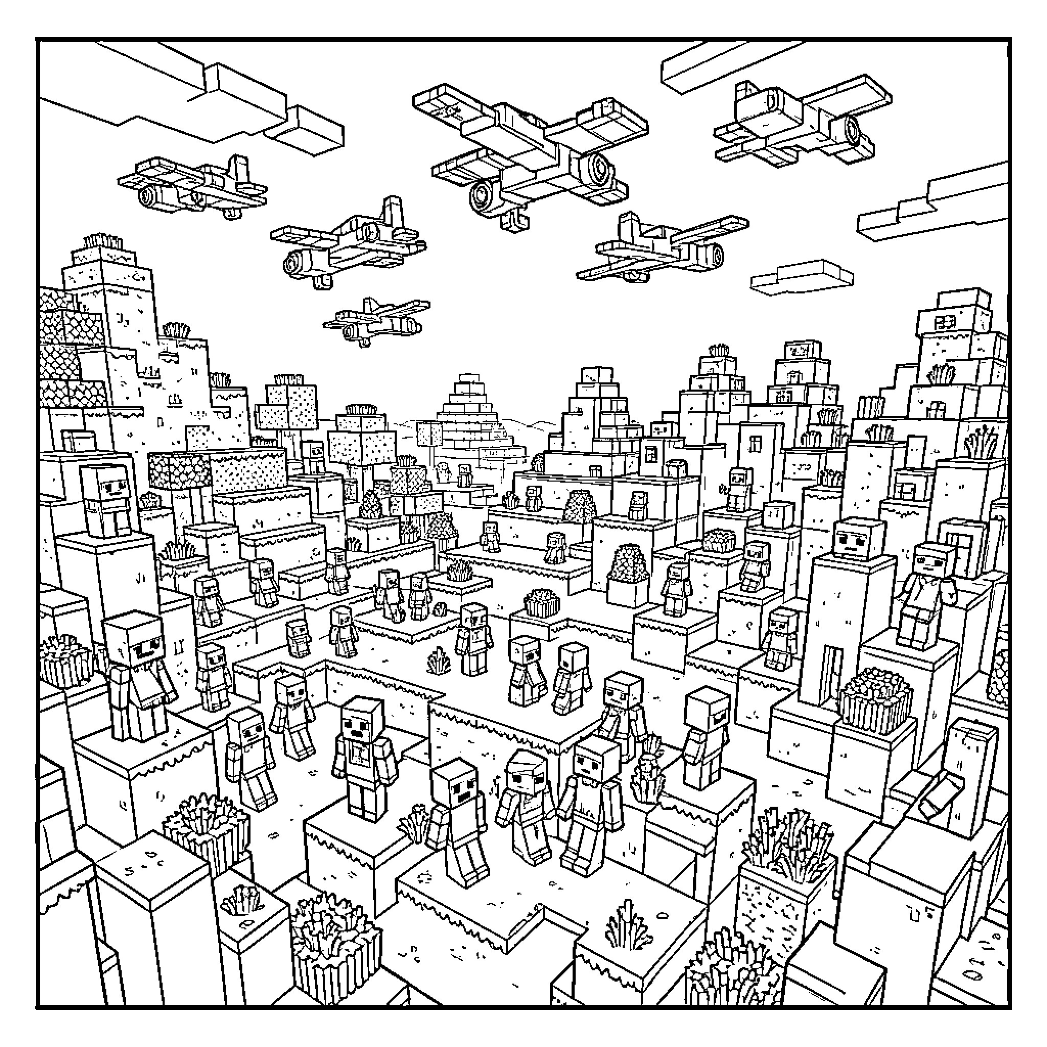 Minecraft Bustling City with Airplanes and Structures Coloring Page (free black-and-white line drawing printable PDF for all, from beginners to advanced learners, including children, teens, adults, and seniors)