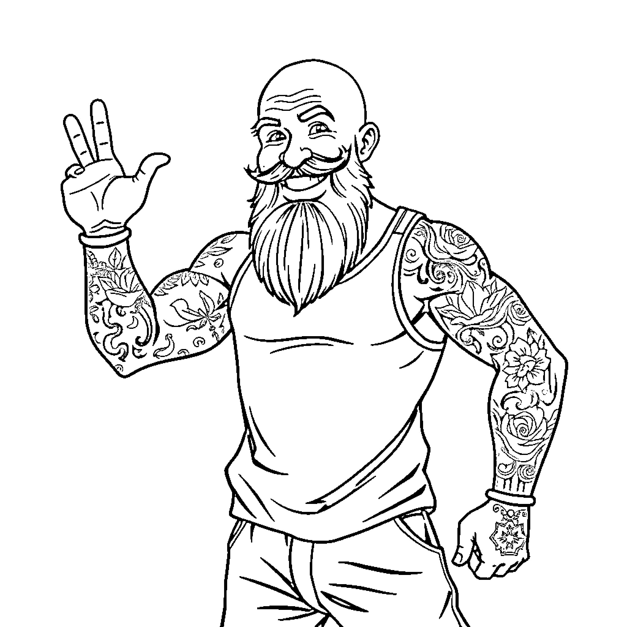 Man with tattoos and beard making peace sign Coloring Page (free black-and-white line drawing printable PDF for all, from beginners to advanced learners, including children, teens, adults, and seniors)