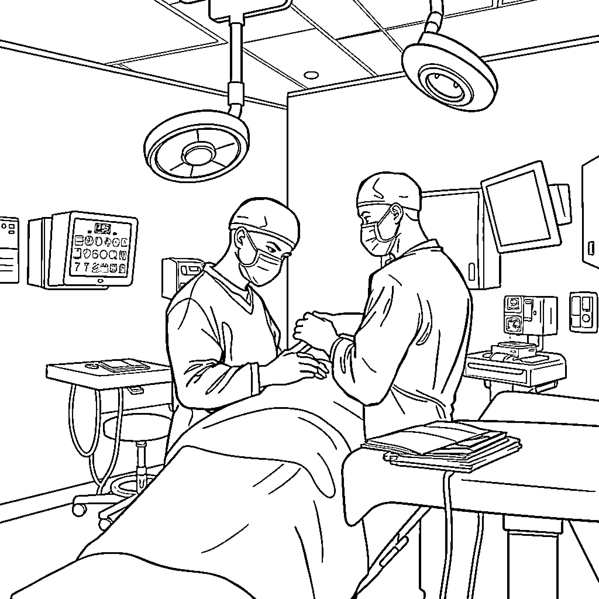 Tonsil Surgery in a Medical Facility Coloring Page (free black-and-white line drawing printable PDF for all, from beginners to advanced learners, including children, teens, adults, and seniors)