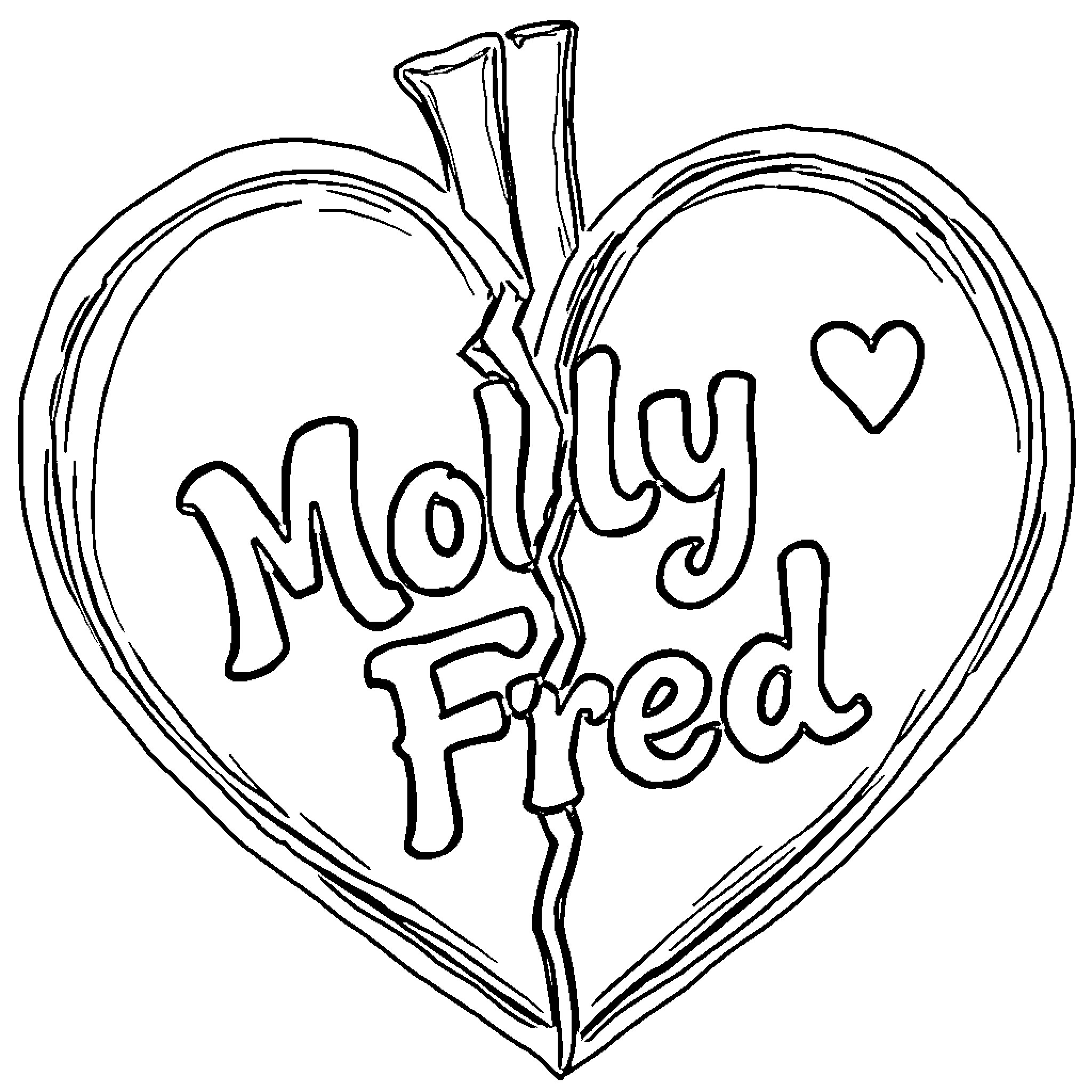 Heart-shaped Molly Fred love design Coloring Page (free black-and-white line drawing printable PDF for all, from beginners to advanced learners, including children, teens, adults, and seniors)